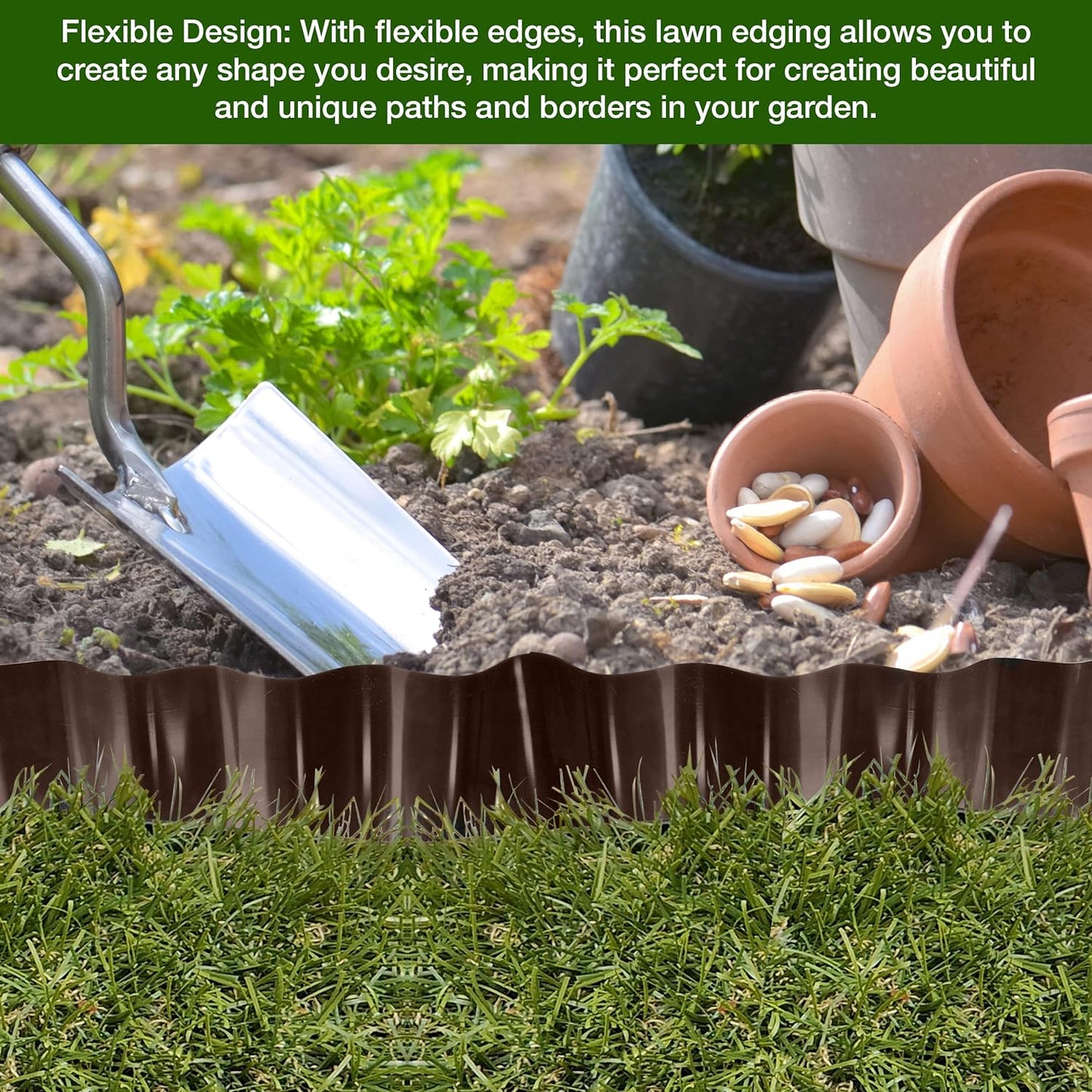 9 Meters, Brown Flexible Plastic Lawn Edging - Durable, Weatherproof, and Frost-Resistant! 15cm Height