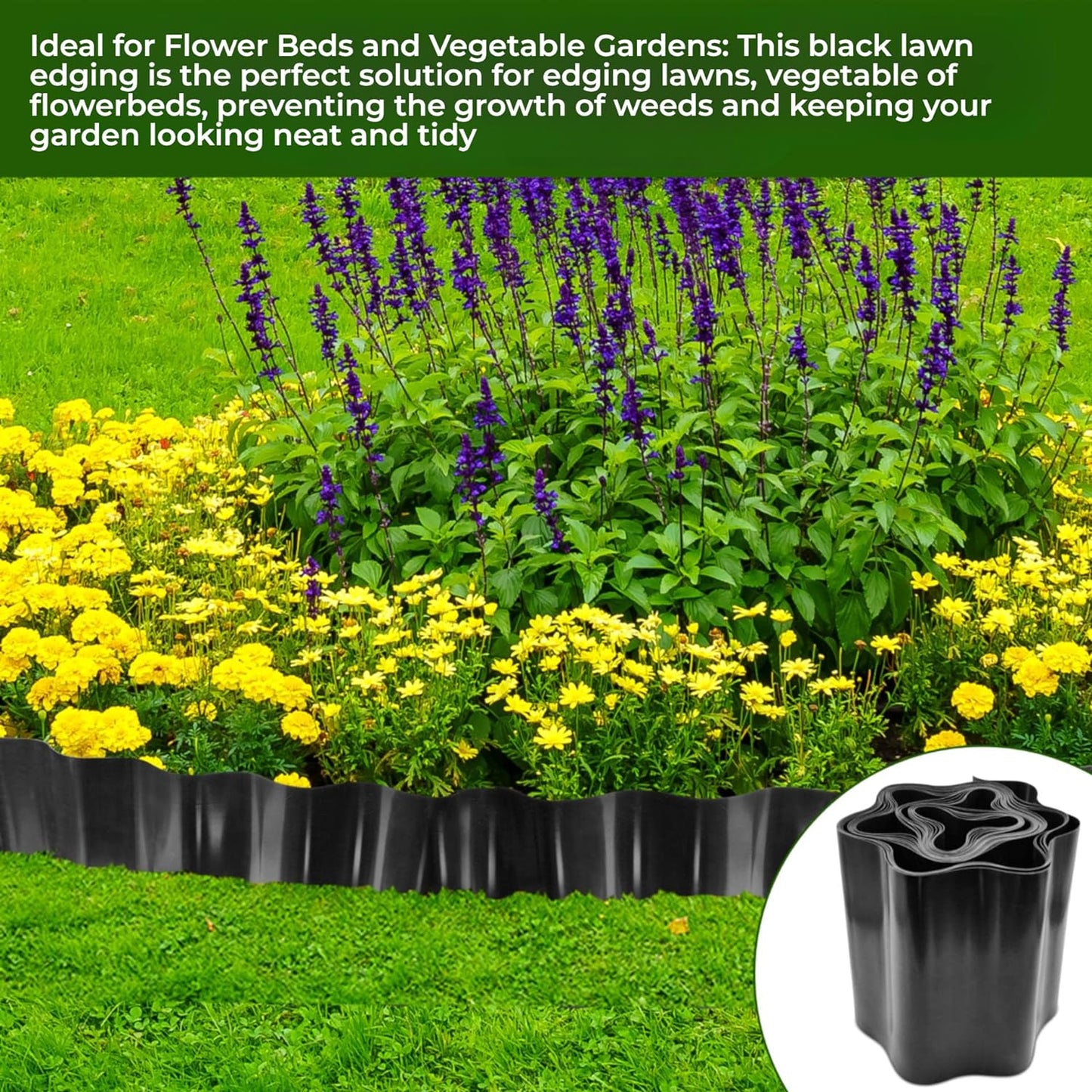 9 Metres, Black Flexible Plastic Lawn Edging - Durable, Weatherproof, and Frost-Resistant! 15cm Height