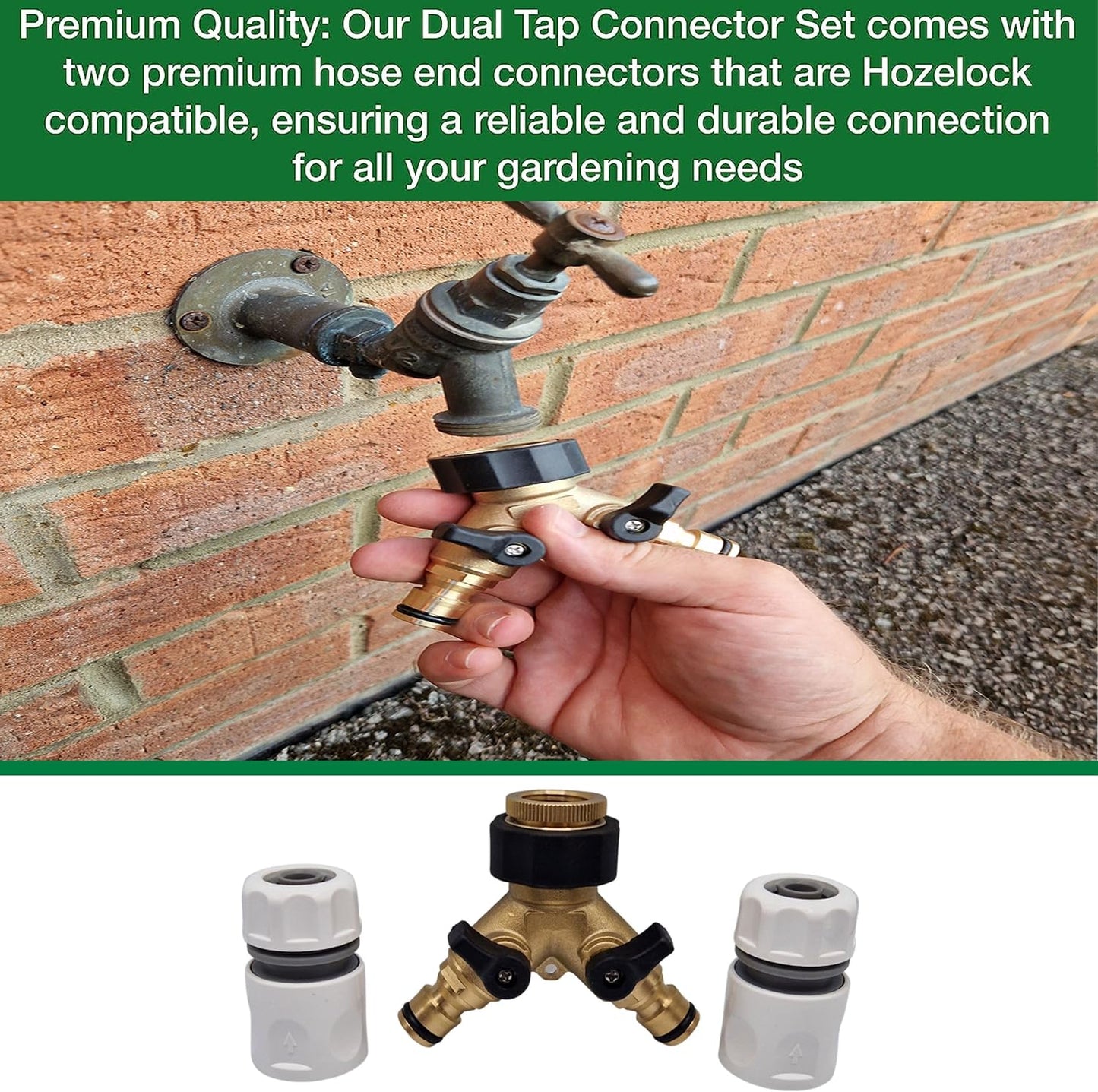 Premium Dual Tap Brass Connector Set with 2 premium hose end connectors for a perfect fit with your garden hoses - Hozelock Compatible. Durable 2 Way Brass Connector Splitter