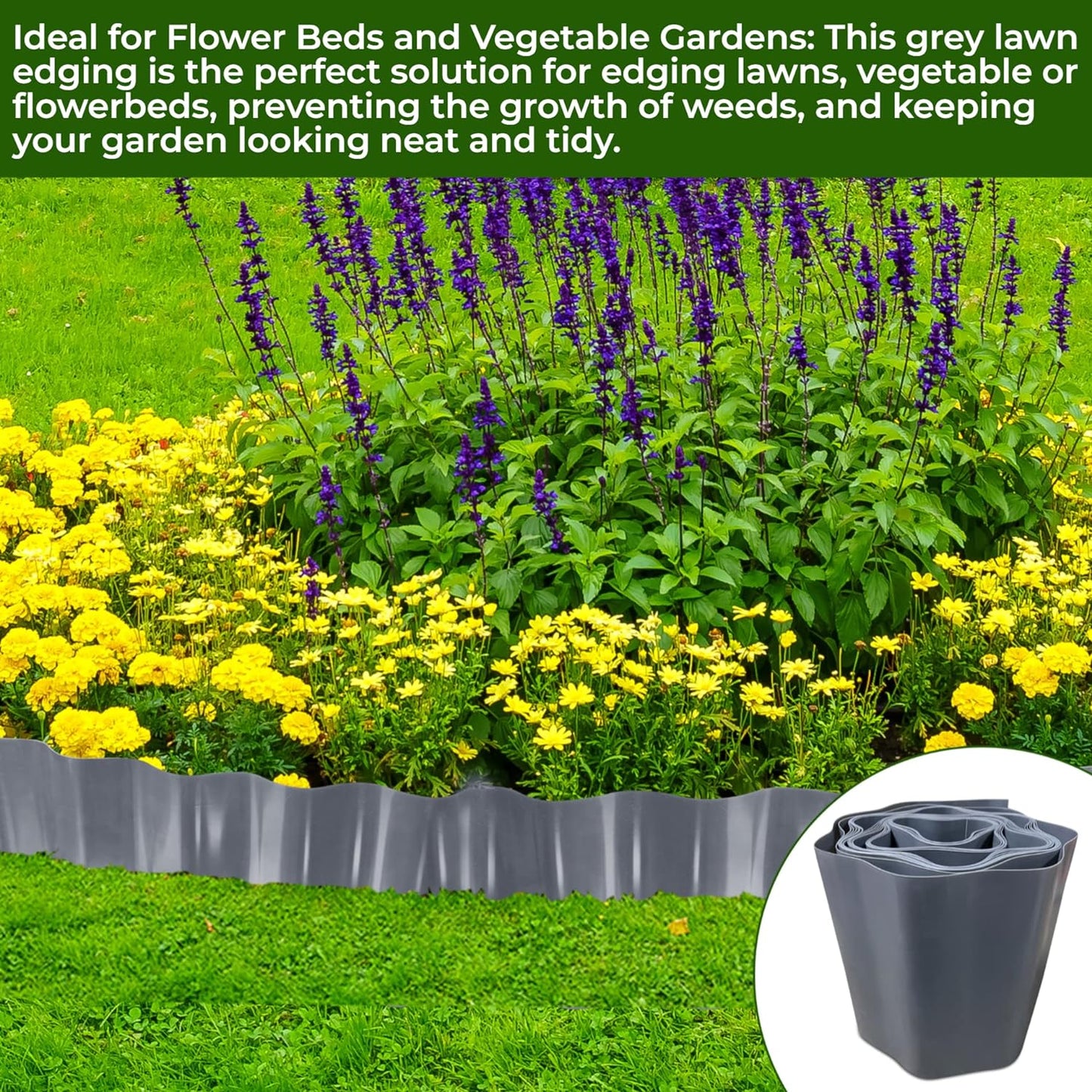 Garden Design with 9 Metres, Grey Flexible Plastic Lawn Edging - Durable, Weatherproof, and Frost-Resistant! 15cm Height