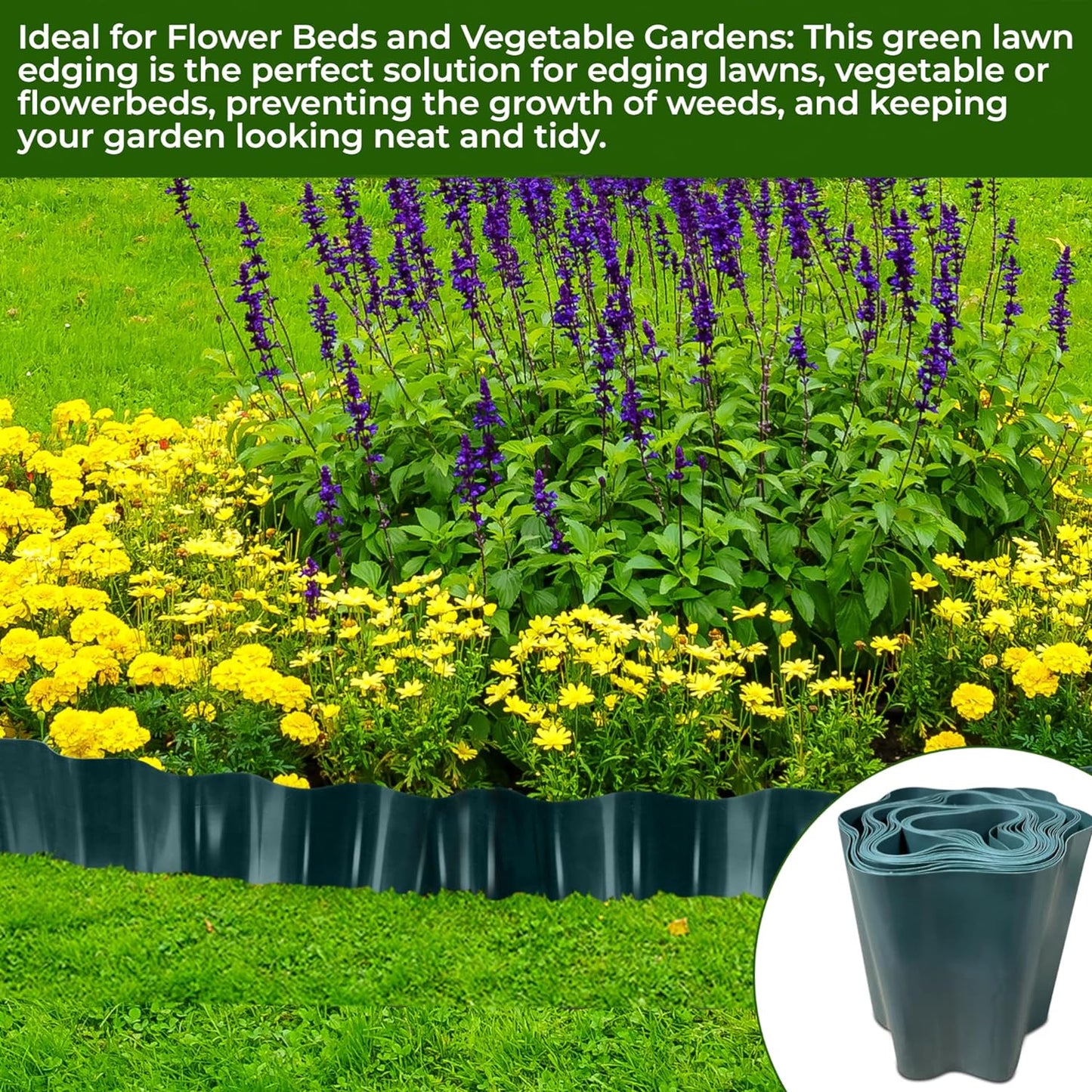 Garden Design with 9 Metres, Green Flexible Plastic Lawn Edging - Durable, Weatherproof, and Frost-Resistant! 15cm Height
