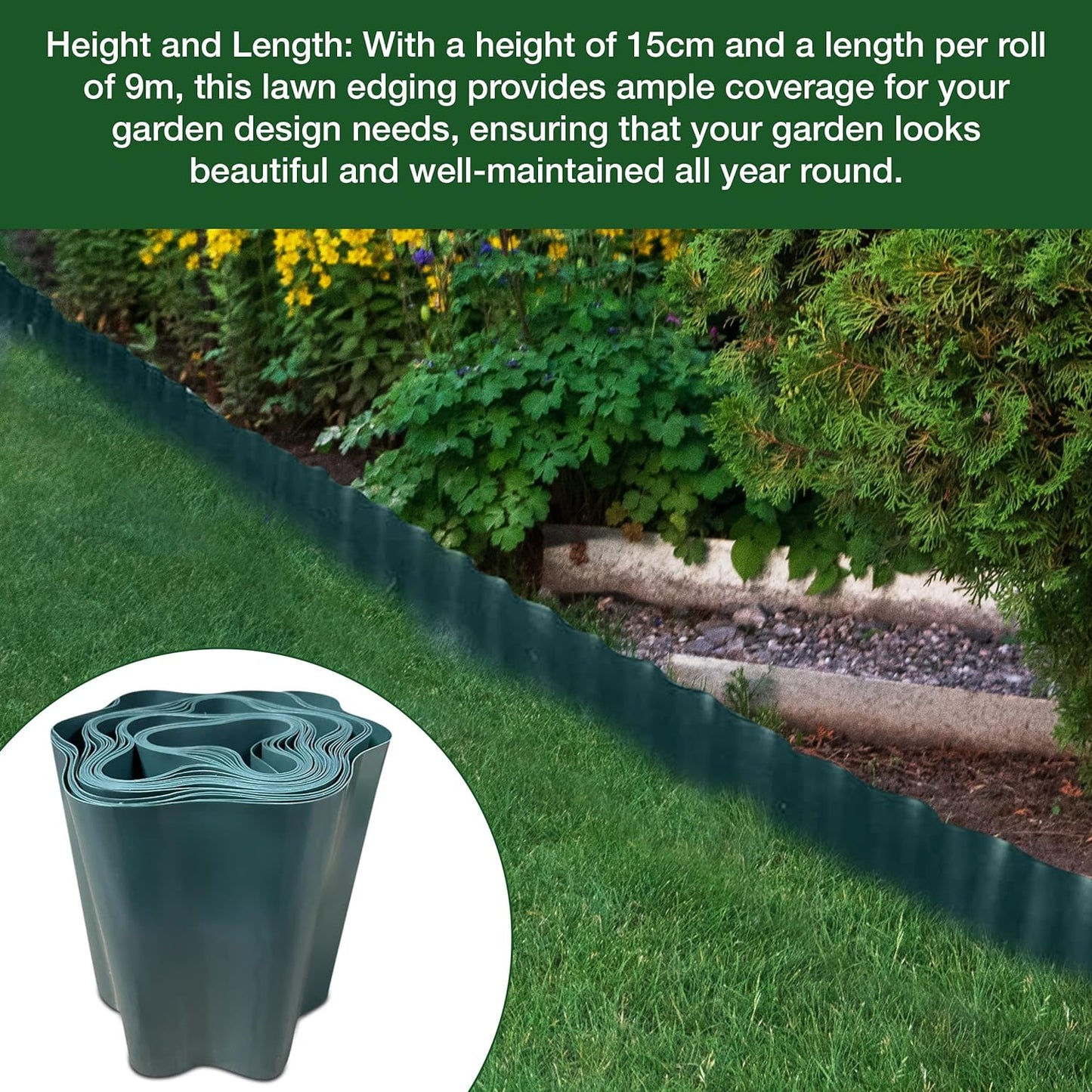Garden Design with 9 Metres, Green Flexible Plastic Lawn Edging - Durable, Weatherproof, and Frost-Resistant! 15cm Height