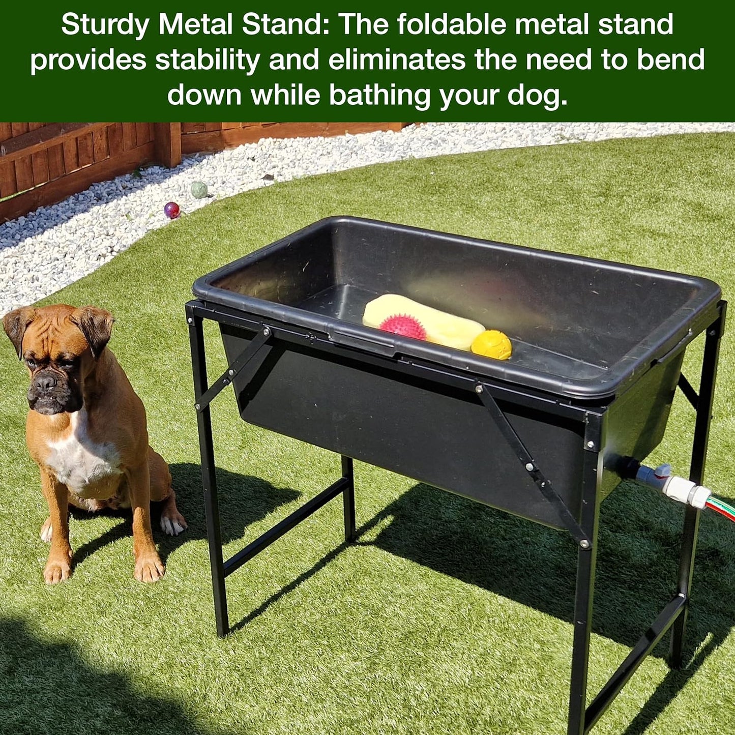 Large 90L Dog Bath/Pool/Tub & Foldable Metal Stand with Drain Plug and Hozelock Compatible End Connector - Perfect for Retrievers, Boxers & More - Durable, Easy to Store