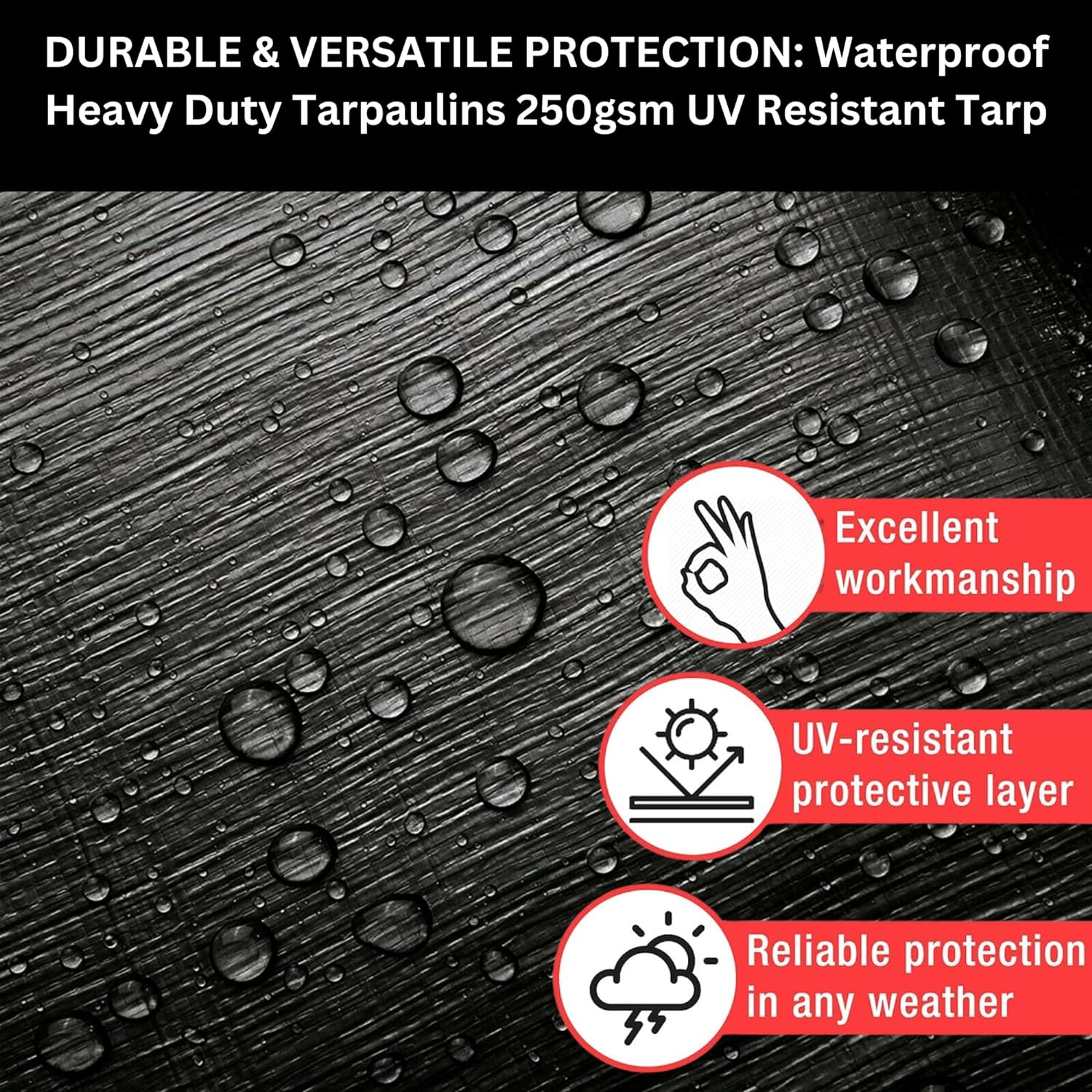 Heavy Duty Waterproof Tarpaulin - Black Tarp for Outdoor Protection - Durable Groundsheet, Tent Shield, Trailer & Trampoline Cover - UV & Weatherproof Sheet for Camping & Garden