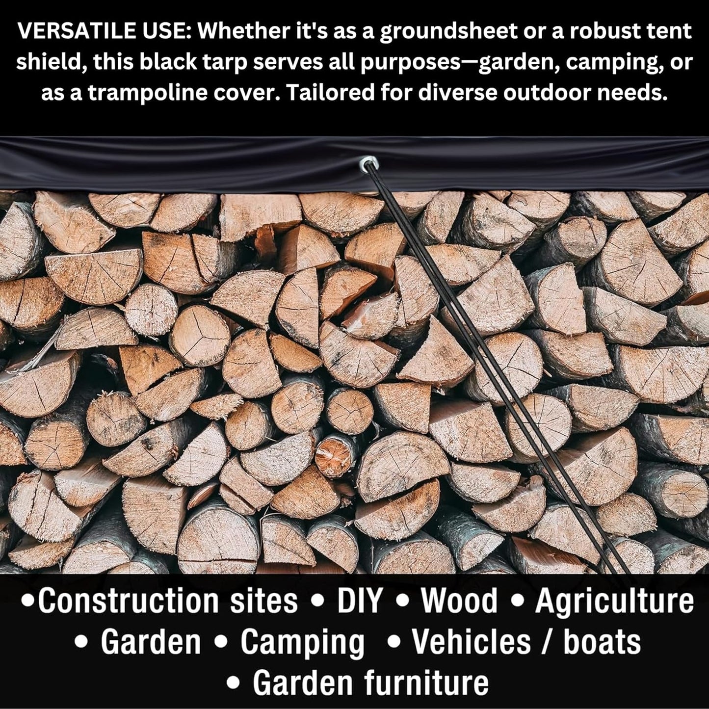 Heavy Duty Waterproof Tarpaulin - Black Tarp for Outdoor Protection - Durable Groundsheet, Tent Shield, Trailer & Trampoline Cover - UV & Weatherproof Sheet for Camping & Garden