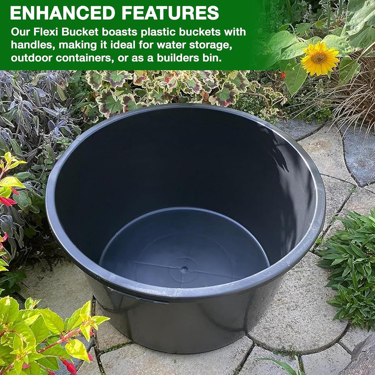 Flexi Tub Small (45L), Medium (65L), Large (90L) Black - Sturdy Heavy Duty Large Plastic Bucket with Handles | Builders Garden Home Storage Container
