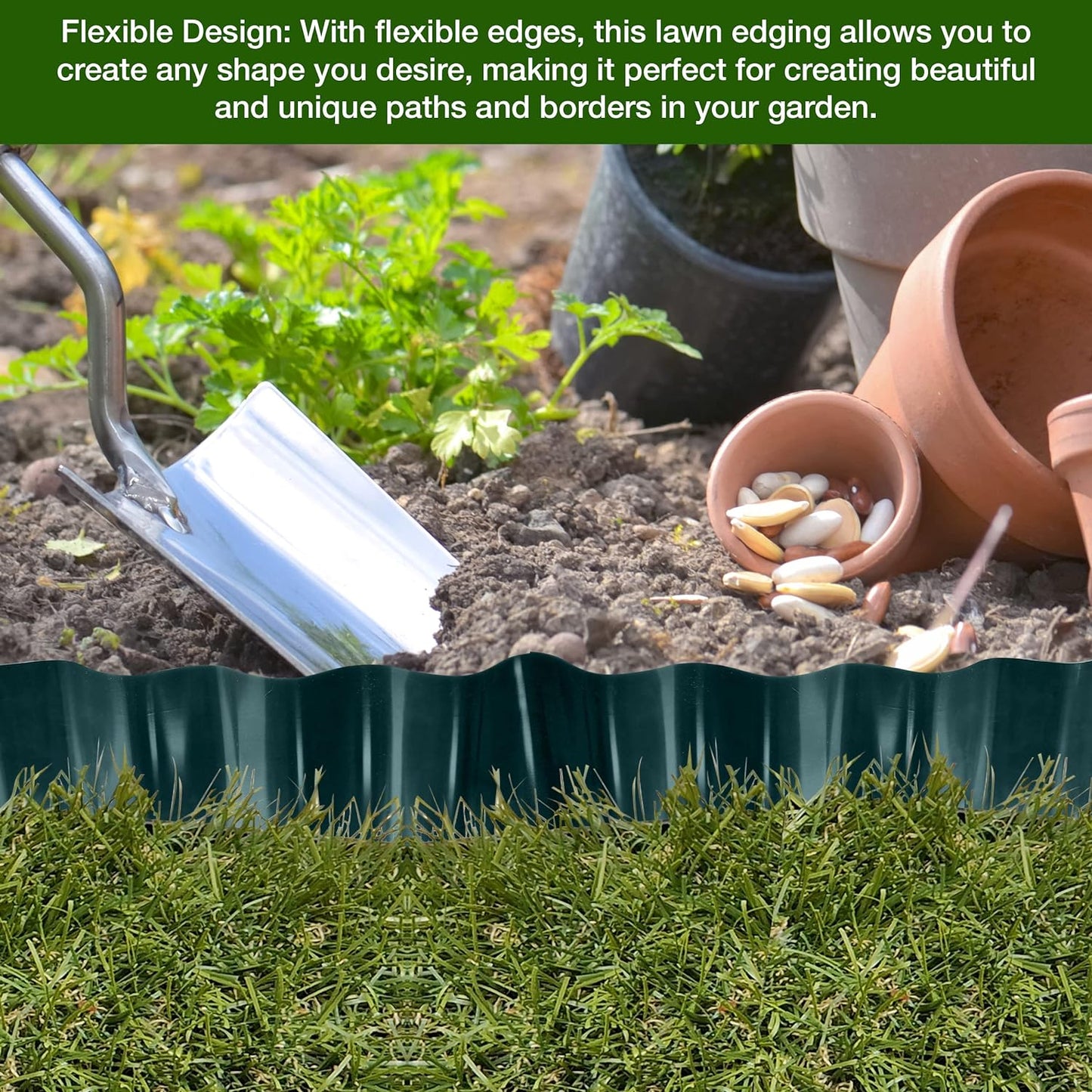 Garden Design with 9 Metres, Green Flexible Plastic Lawn Edging - Durable, Weatherproof, and Frost-Resistant! 15cm Height