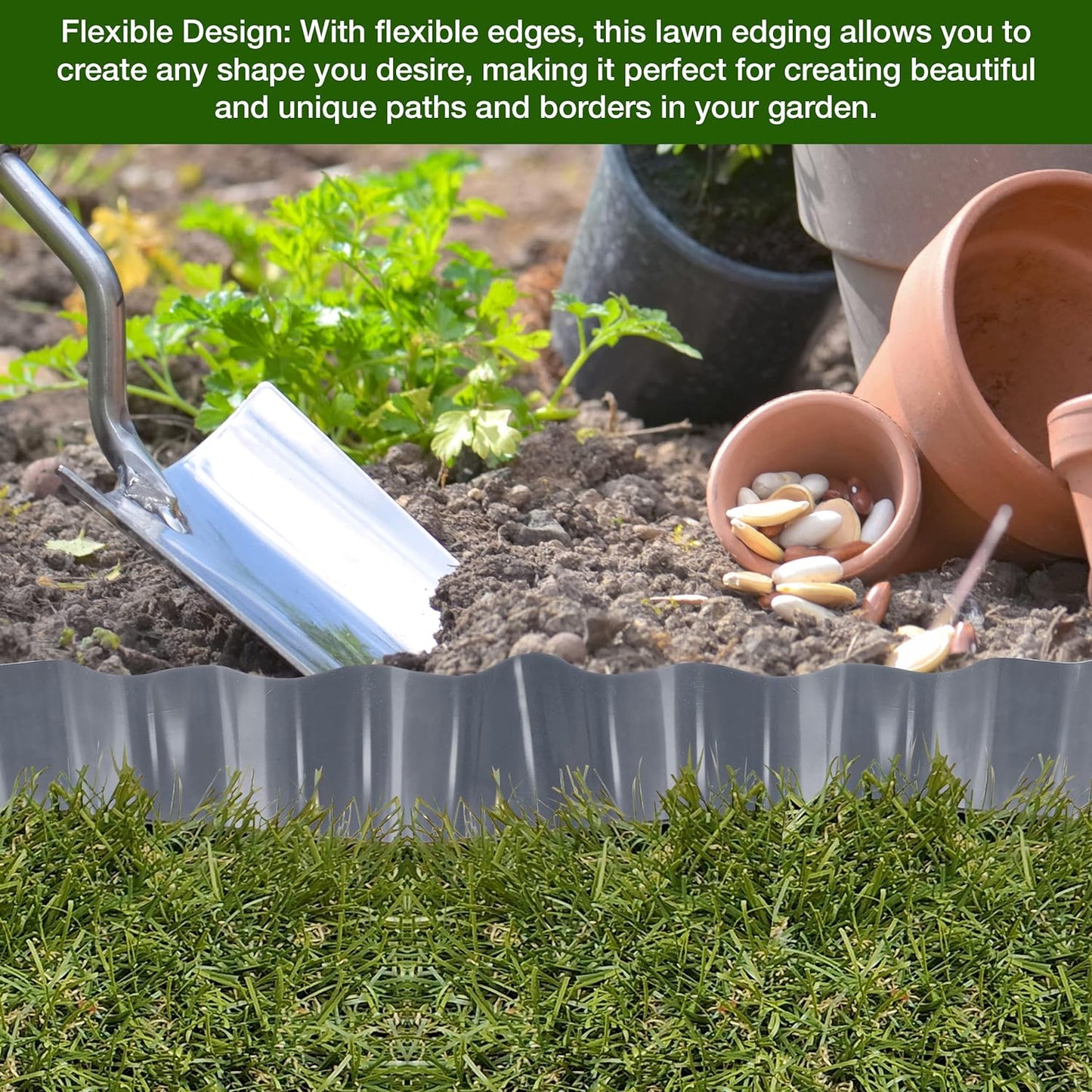 Garden Design with 9 Metres, Grey Flexible Plastic Lawn Edging - Durable, Weatherproof, and Frost-Resistant! 15cm Height