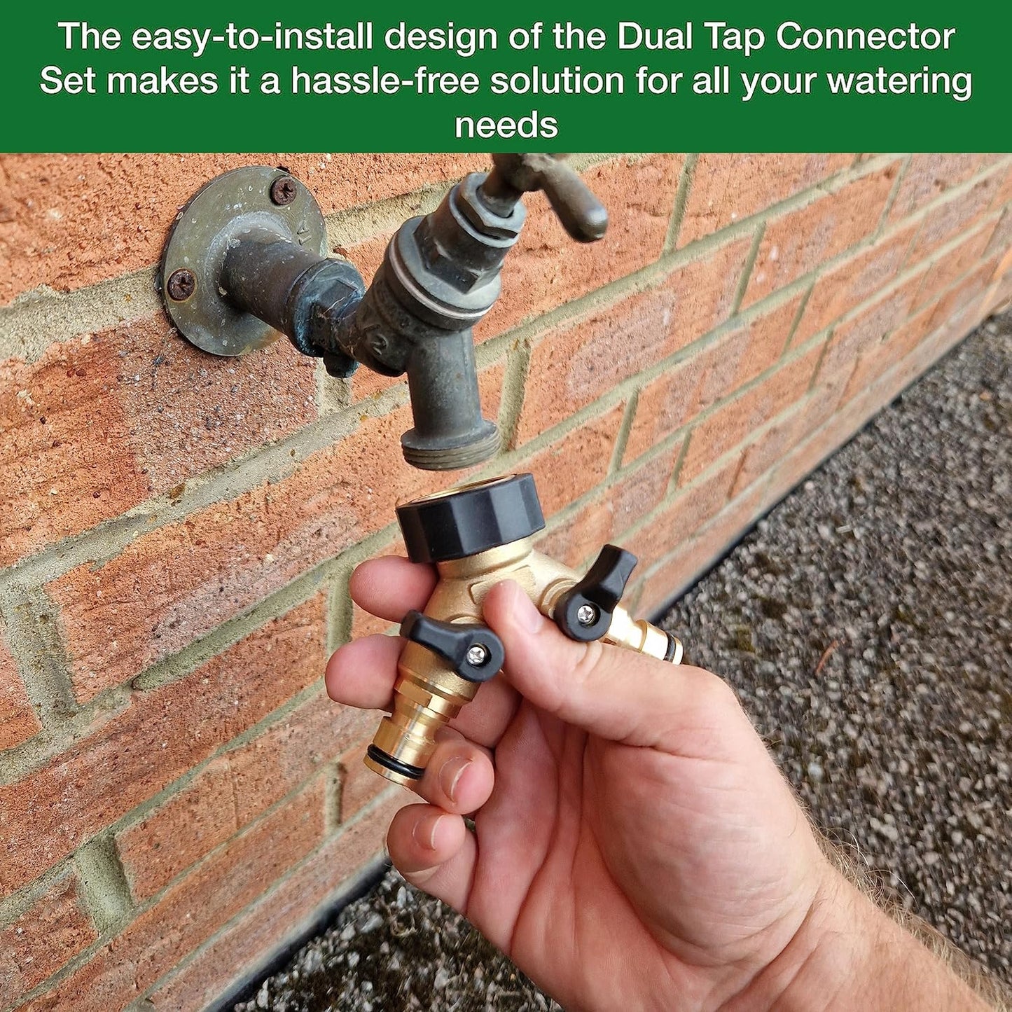 Premium Dual Tap Brass Connector Set with 2 premium hose end connectors for a perfect fit with your garden hoses - Hozelock Compatible. Durable 2 Way Brass Connector Splitter