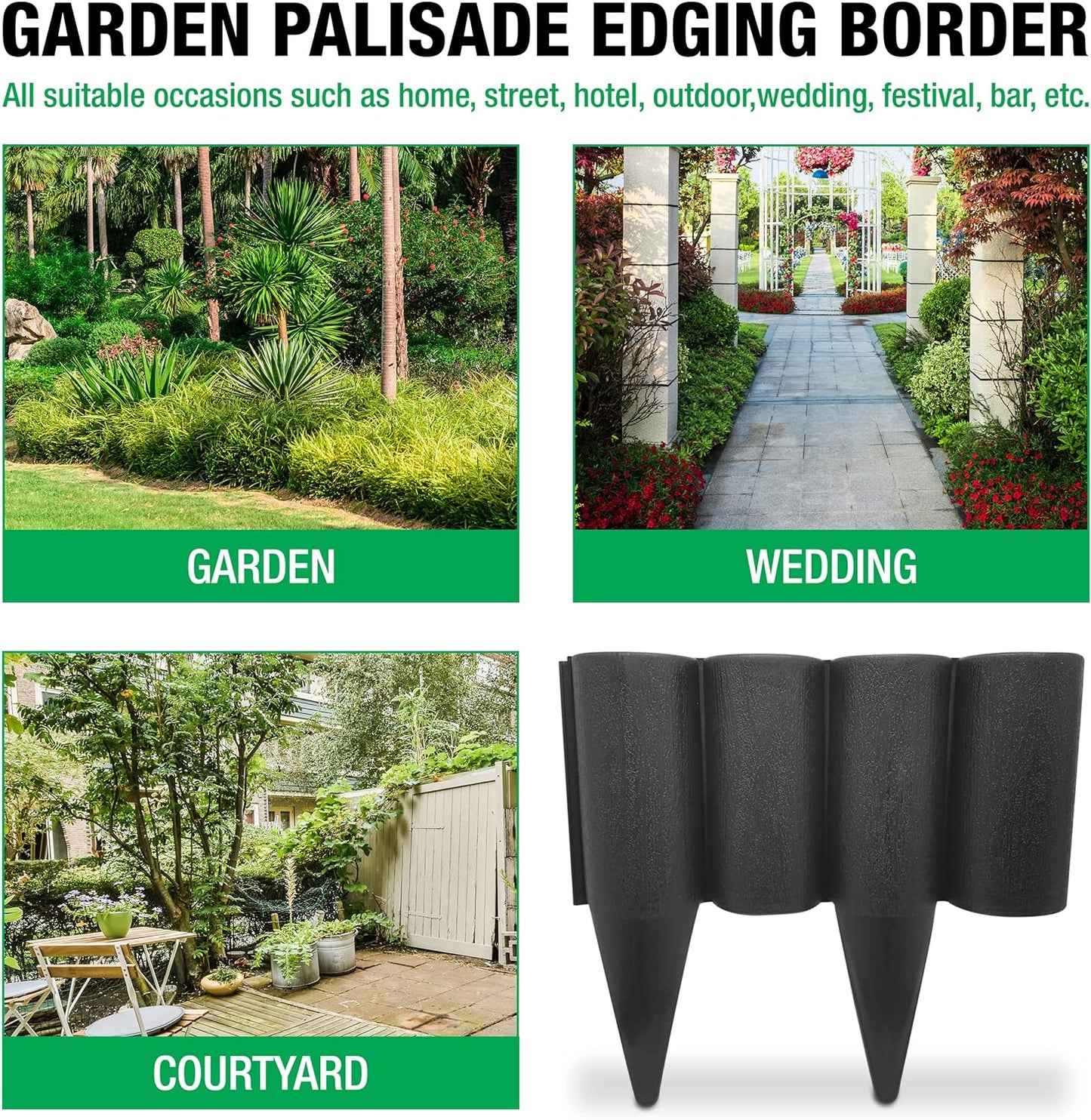 Black Lawn Edging Border – 2.5 meters / 8.2 ft long Garden Palisade Edge Border with Wood Log Effect – Fencing with Ground Stakes – Ideal for Flower Beds, Lawn, Patio, Pavement
