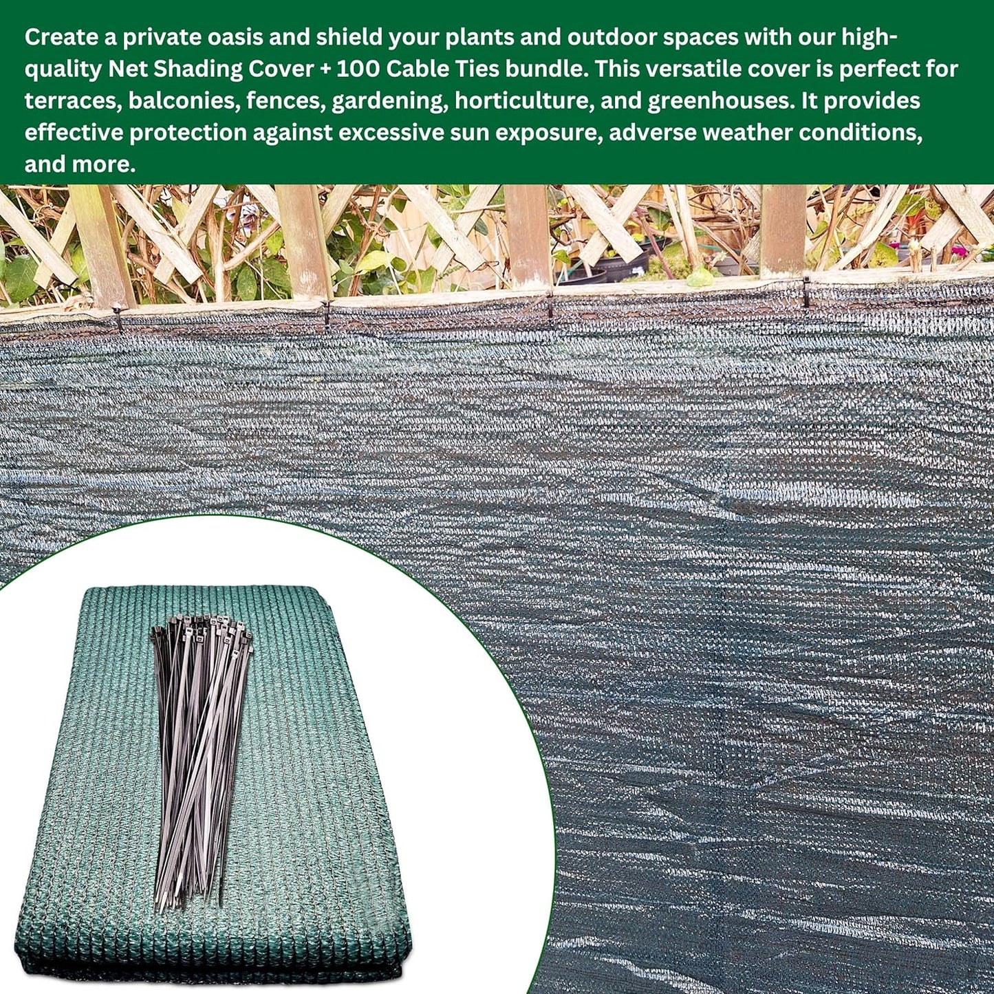 Premium Net Shading Cover Screen + 100 Cable Ties Bundle | 1.2m x 10m | Protect Crops, Balconies, and Greenhouses | 55% Shading | UV Protection | Weatherproof