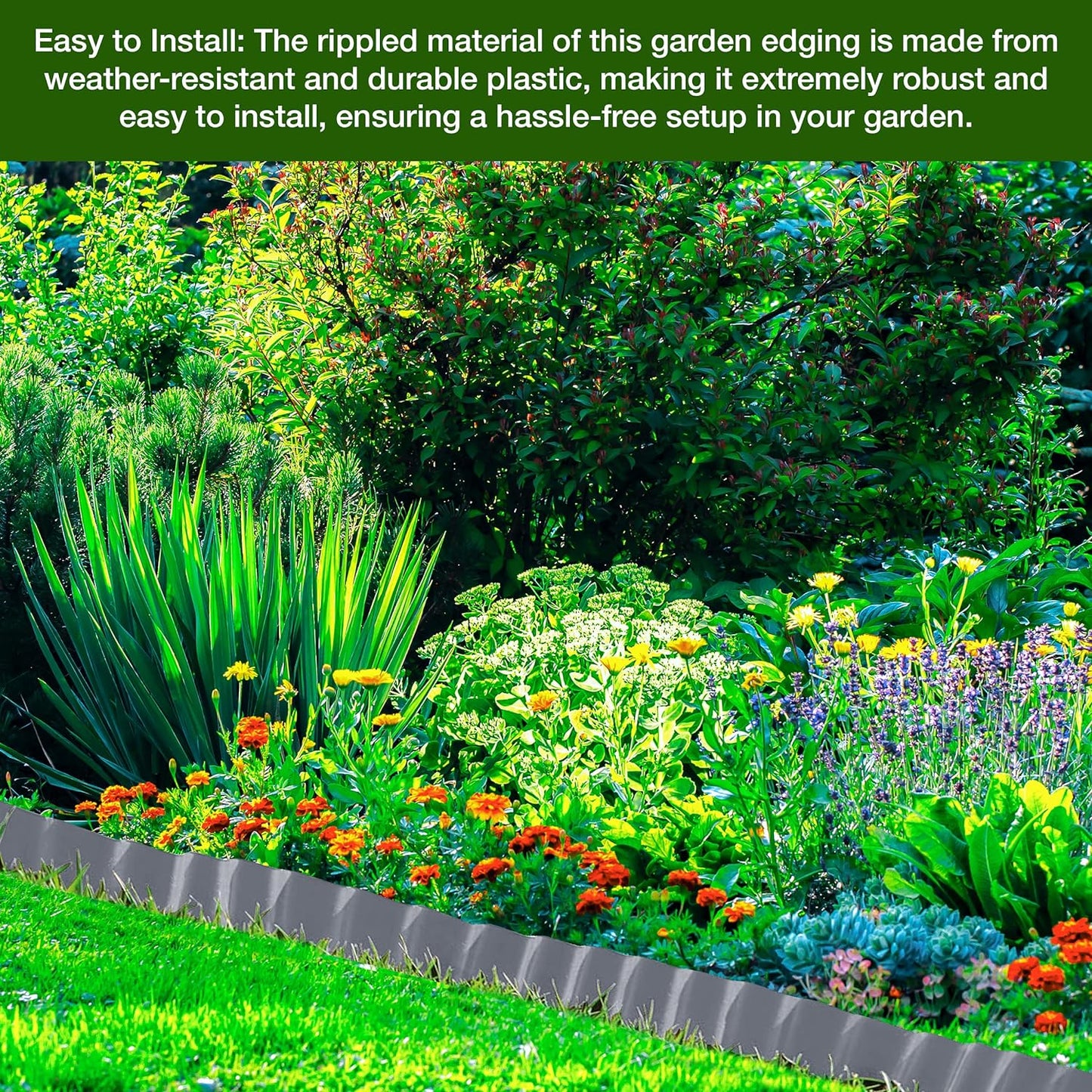 Garden Design with 9 Metres, Grey Flexible Plastic Lawn Edging - Durable, Weatherproof, and Frost-Resistant! 15cm Height