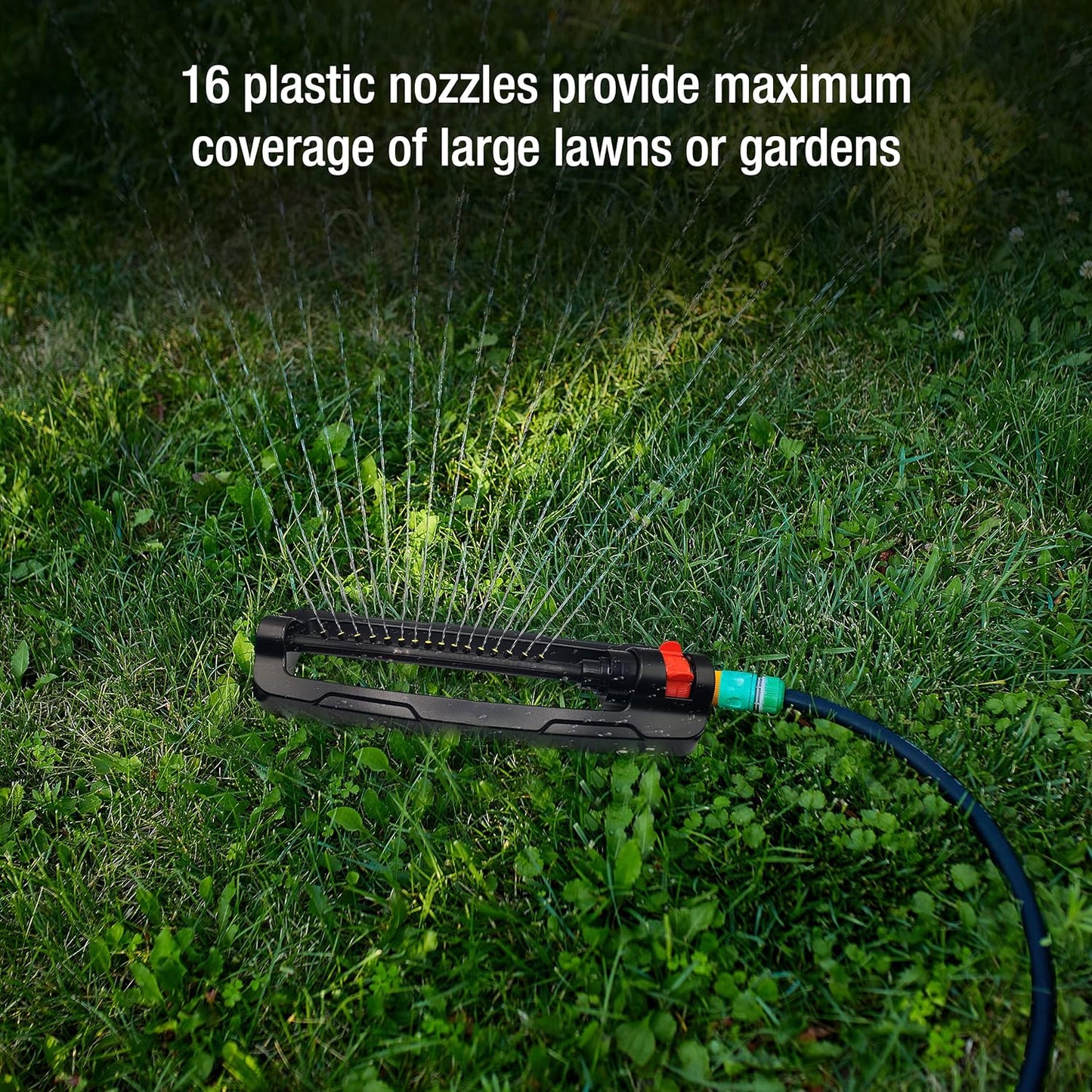 Garden Sprayer Sprinklers for Lawns – Garden Bar with 16 Durable Nozzles – Oscillating Sprinkler with Built-In Cleaning Pin – Large Coverage Area – Ideal for Lawn, Garden