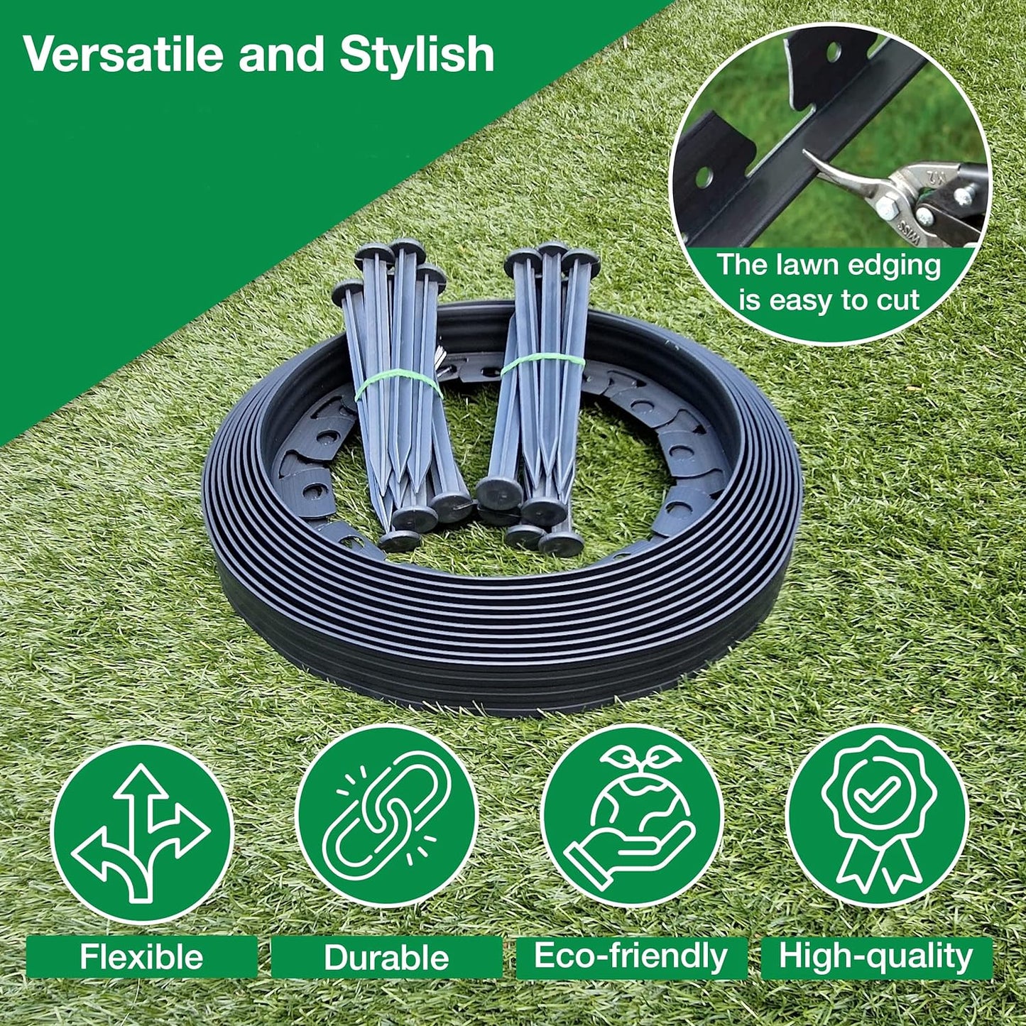 10m of Flexible Grey Garden Edging Border - Complete with 20 Securing Pegs for Perfect Flower Beds, Lawns, and Pavement Design (40mm High)