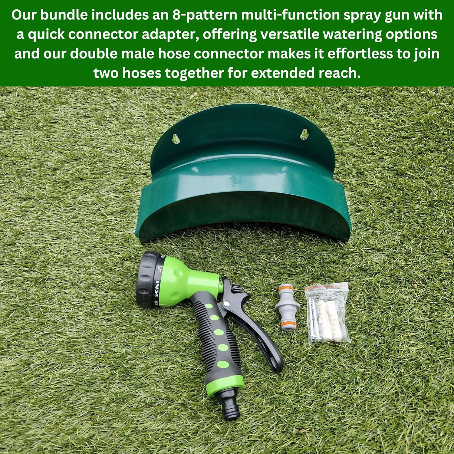 Heavy-Duty Metal Garden Hose Hanger Set with 8-Pattern Spray Gun & Double Male Hose Connector - Rustproof Wall-Mounted Storage