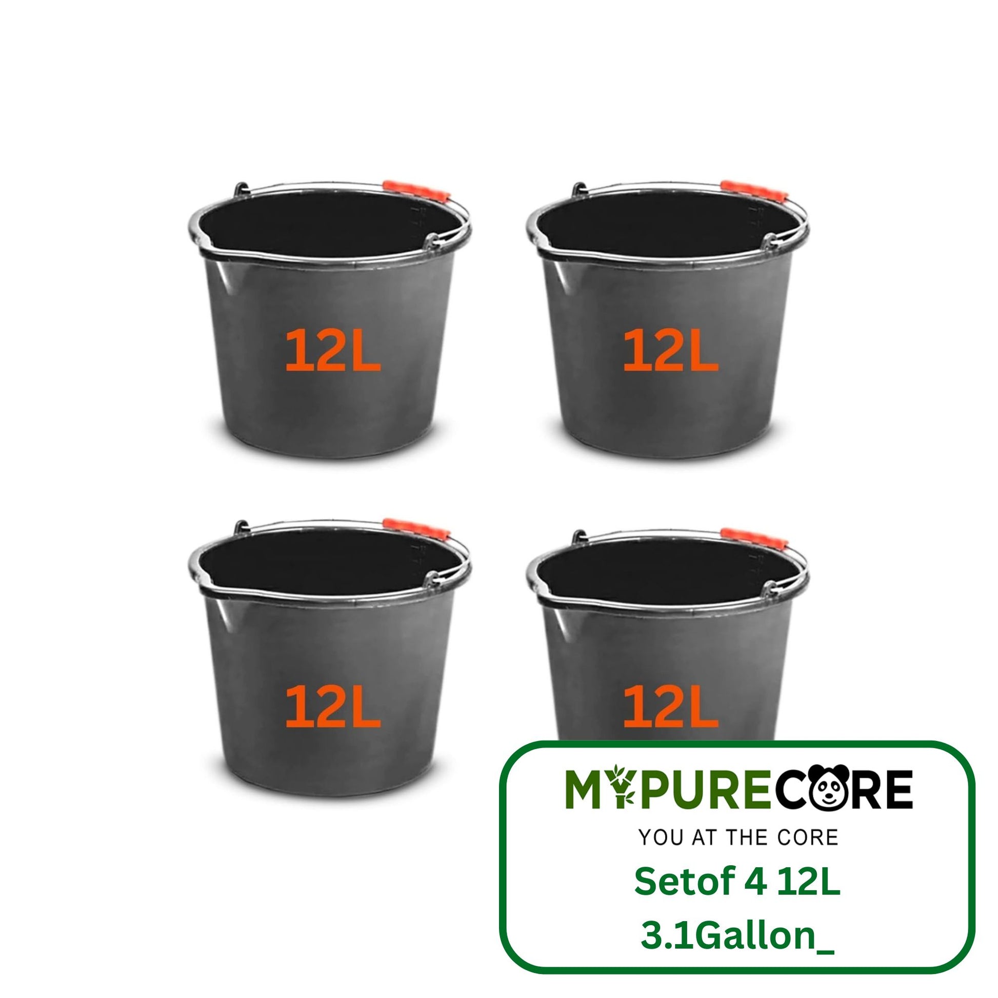Set of 4 12L (3.1 Gallon) Black Plastic Bucket with Handles - Sturdy Water Bucket, Big Bucket with Measuring Scale