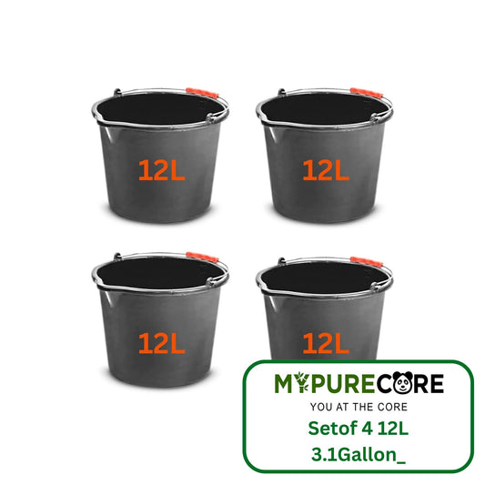 Set of 4 12L (3.1 Gallon) Black Plastic Bucket with Handles - Sturdy Water Bucket, Big Bucket with Measuring Scale
