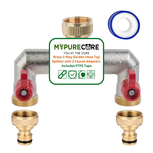 Brass 2-Way Garden Hose Tap Splitter with 2 Faucet Adapters & PTFE Tape – Durable 3/4" Outdoor Tap Connector with Individual Valves | Brass Hose Connector for Garden, Kitchen & Outdoor Use