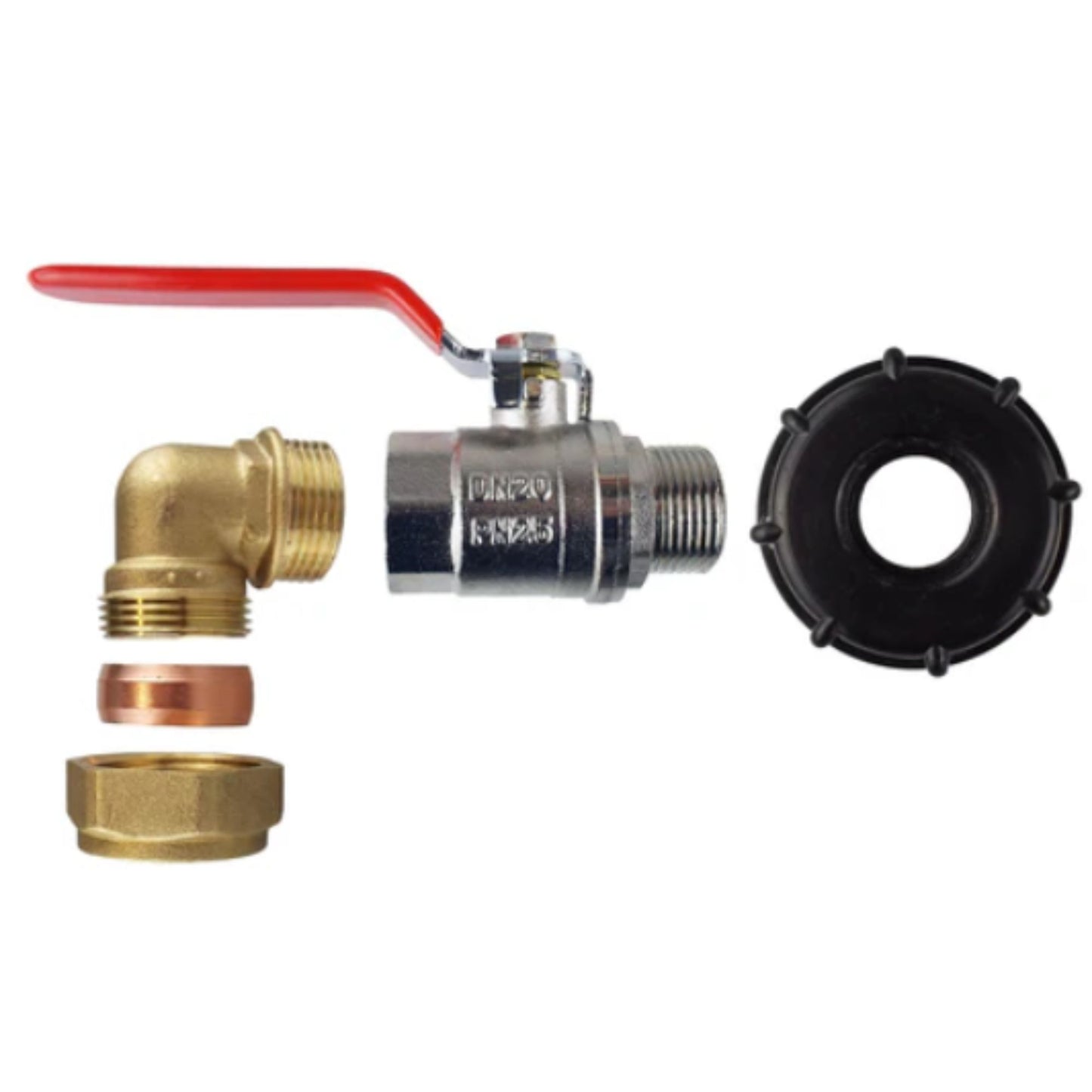 IBC 2” S60X6 Cap with Lever Valve and 22mm Brass Compression Elbow and PTFE Tape – Durable Leak-Proof Plumbing Solution