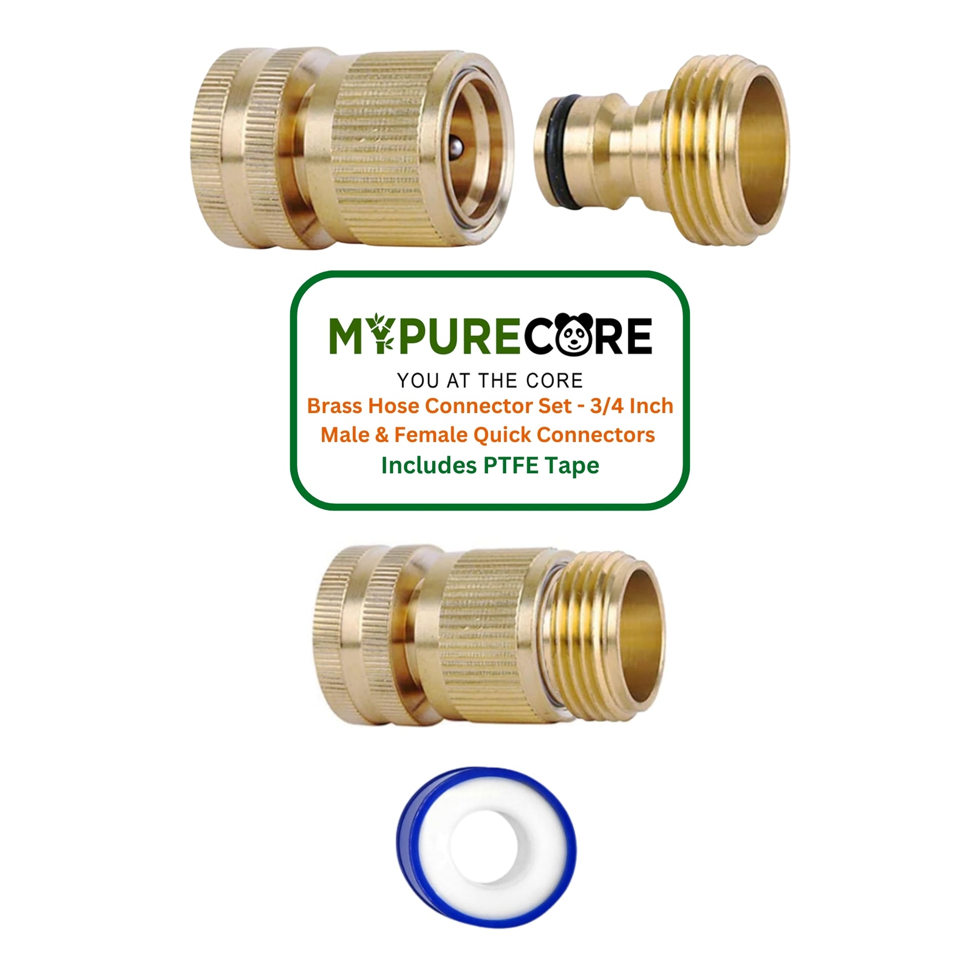 Brass Hose Connector Set - 3/4 Inch Female Thread Tap & Male Quick Connectors + PTFE Tape | Universal Outdoor Tap Adapter for Garden Hoses & Fittings | Leak-Free, Garden & Hose Accessories