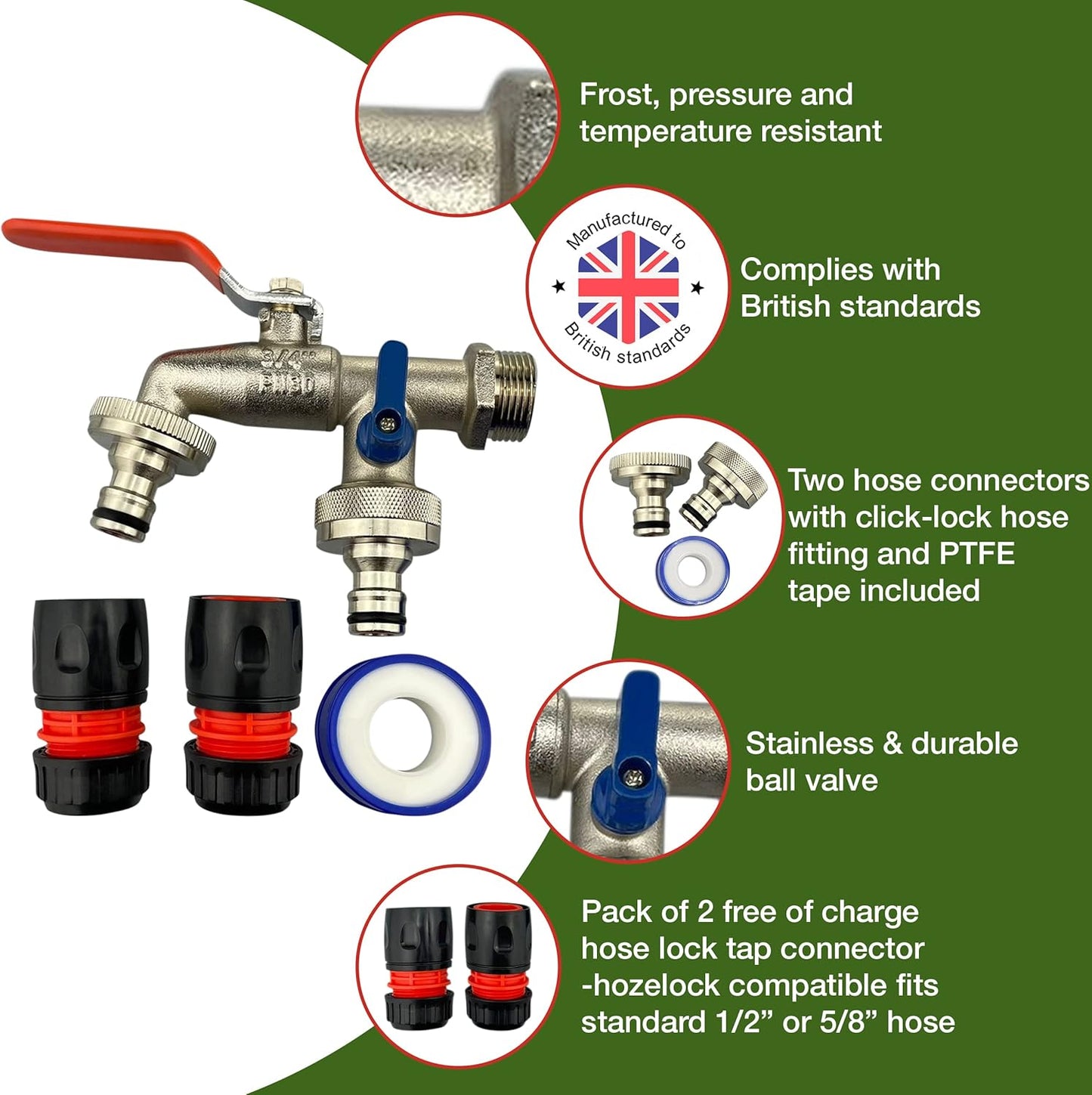 3/4" Brass Nickel Double Water Tap – Rust and Frost Resistant +2x Snap-On Connectors +2x Hose Connectors Hozelock Compatible + PTFE Tape