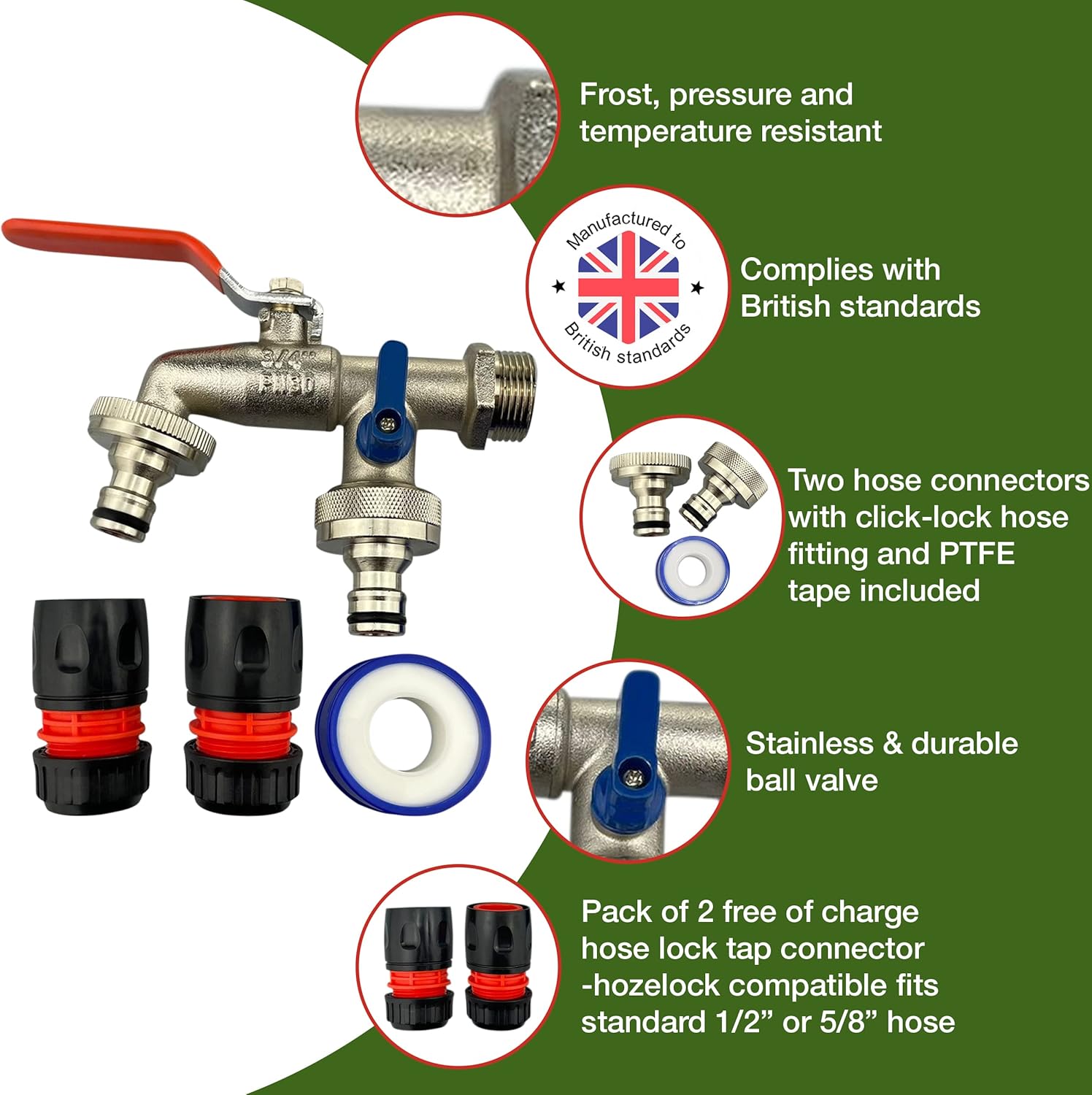 3/4" Brass Nickel Double Water Tap – Rust and Frost Resistant +2x Snap-On Connectors +2x Hose Connectors Hozelock Compatible + PTFE Tape