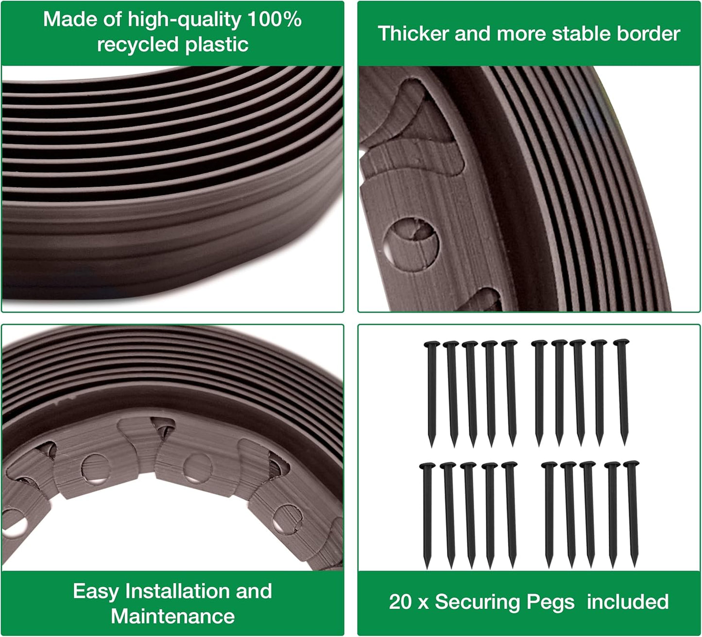 10m of Flexible Brown Garden Edging Border - Complete with 20 Securing Pegs for Perfect Flower Beds, Lawns, and Pavement Design (40mm High)