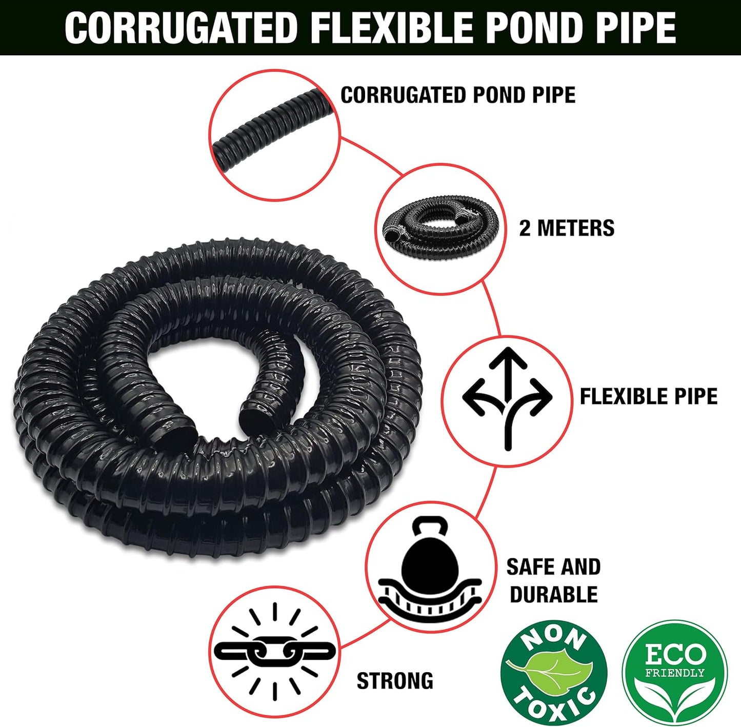 Corrugated Flexible Hose Pond Pipe 25mm / 1"– 2-Meter with Advanced Double-Wired Hose Clips for Pond Pumps, Filters, Drainage – Corrugated Water Butt Connector Pipe - Black