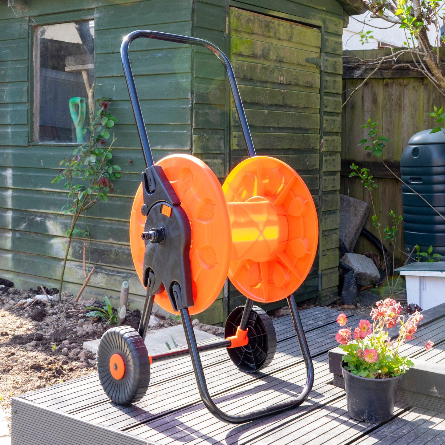 60m Garden Hose Reel Cart with Wheels - UV-Resistant, Easy-Wind Crank - Black/Orange