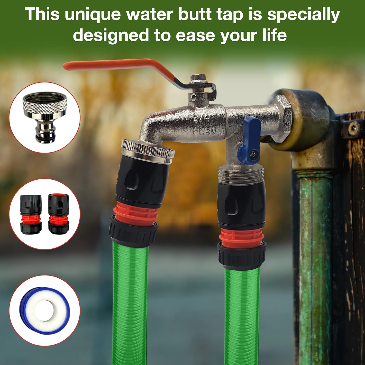 3/4" Brass Nickel Double Water Tap – Rust and Frost Resistant +2x Snap-On Connectors +2x Hose Connectors Hozelock Compatible + PTFE Tape