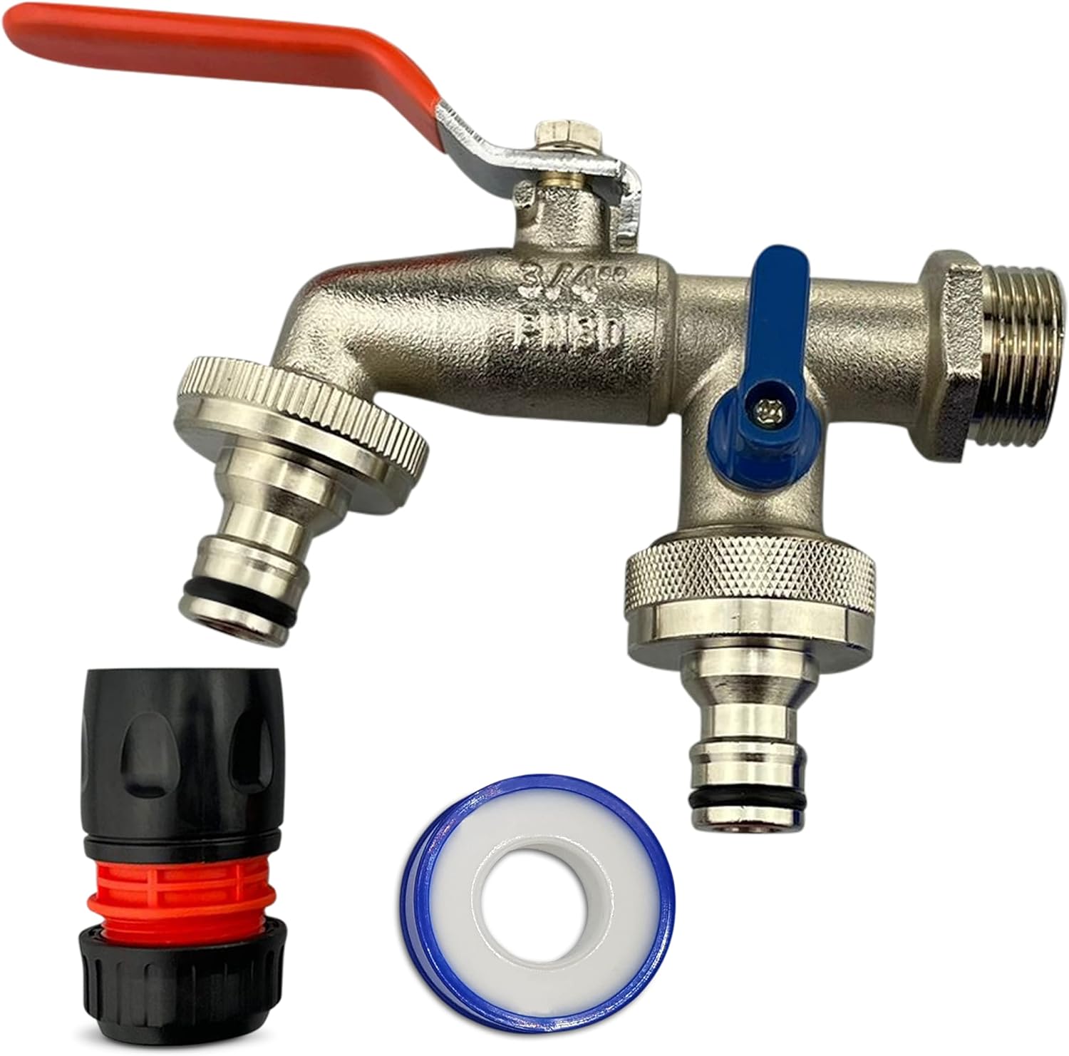 3/4" Brass Nickel Double Water Tap – Rust and Frost Resistant +2x Snap-On Connectors +2x Hose Connectors Hozelock Compatible + PTFE Tape