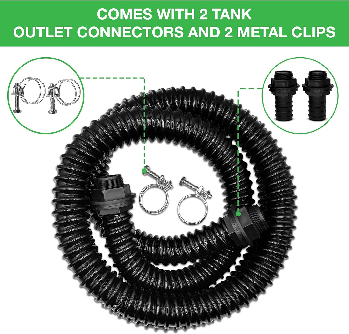 Premium Corrugated Flexible Hose Pond Pipe Set 25mm / 1"– 2-Meter with 2 Double-Wired Hose Clips and 2 Heavy Duty Plastic Barbed Water Butt Tank Outlet Connectors Pipe - Black