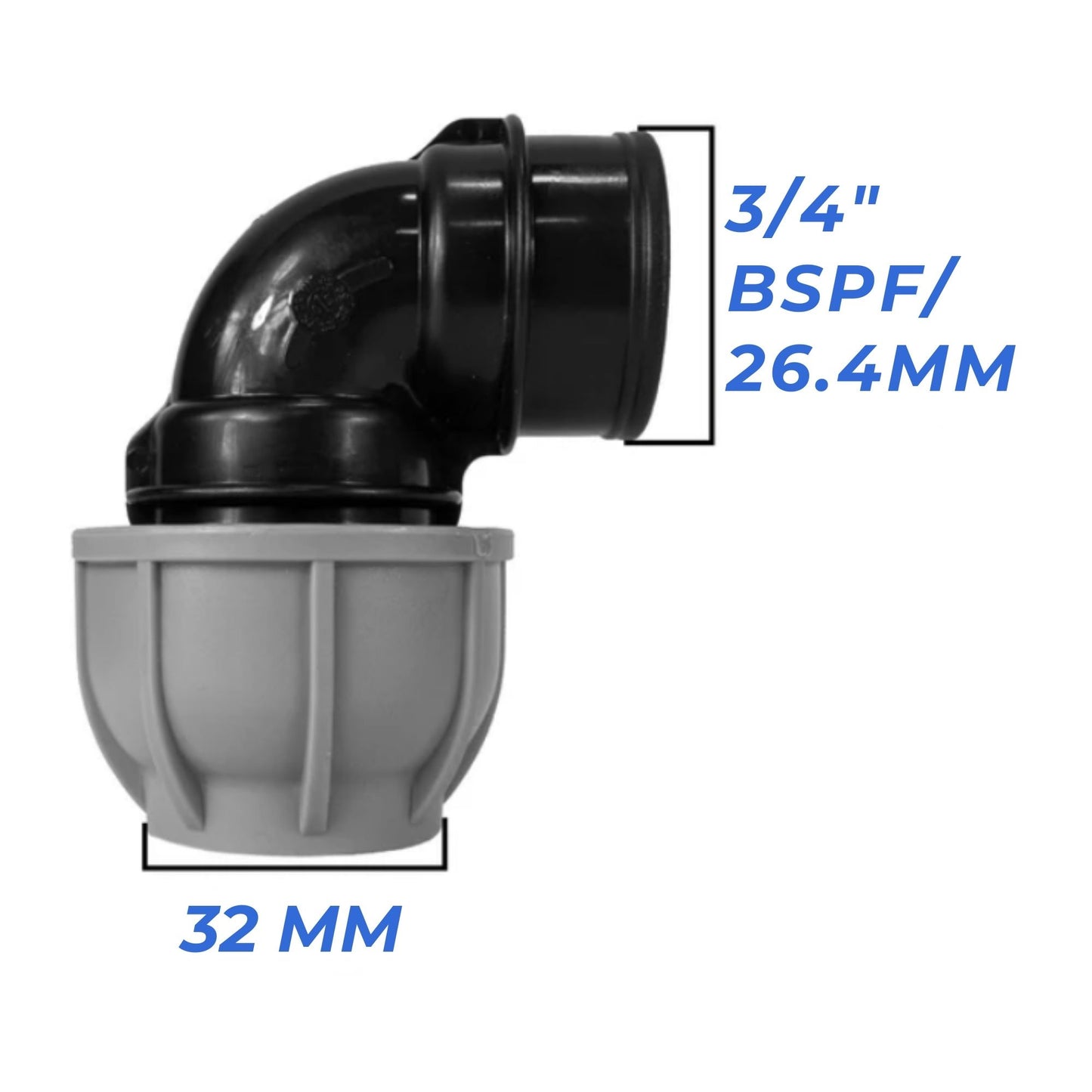 32 mm MDPE Compression Connector Fittings, LDPE Water Pipe - Straight, Elbow, Tee, Wall Flange, Stop, Valve