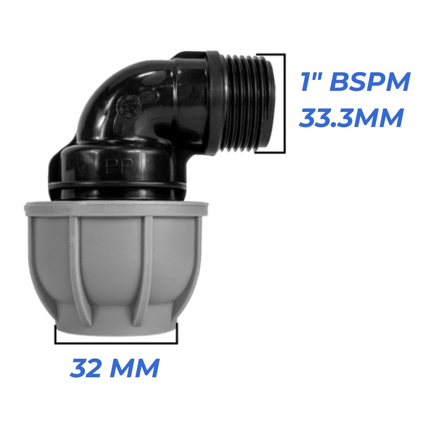 32 mm MDPE Compression Connector Fittings, LDPE Water Pipe - Straight, Elbow, Tee, Wall Flange, Stop, Valve