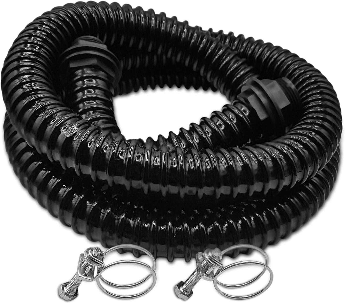 Premium Corrugated Flexible Hose Pond Pipe Set 25mm / 1"– 2-Meter with 2 Double-Wired Hose Clips and 2 Heavy Duty Plastic Barbed Water Butt Tank Outlet Connectors Pipe - Black
