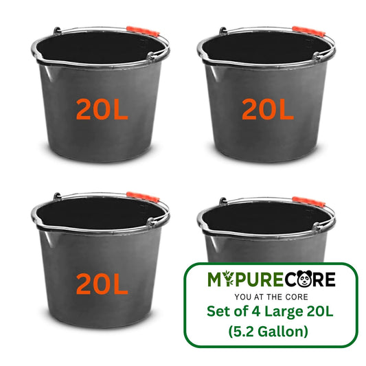 Set of 4 Large 20L (5.2 Gallon) Black Plastic Buckets with Handles - Sturdy Multipurpose Containers with Measuring Scale