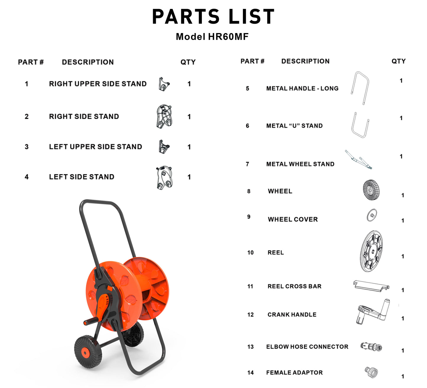 60m Garden Hose Reel Cart with Wheels - UV-Resistant, Easy-Wind Crank - Black/Orange