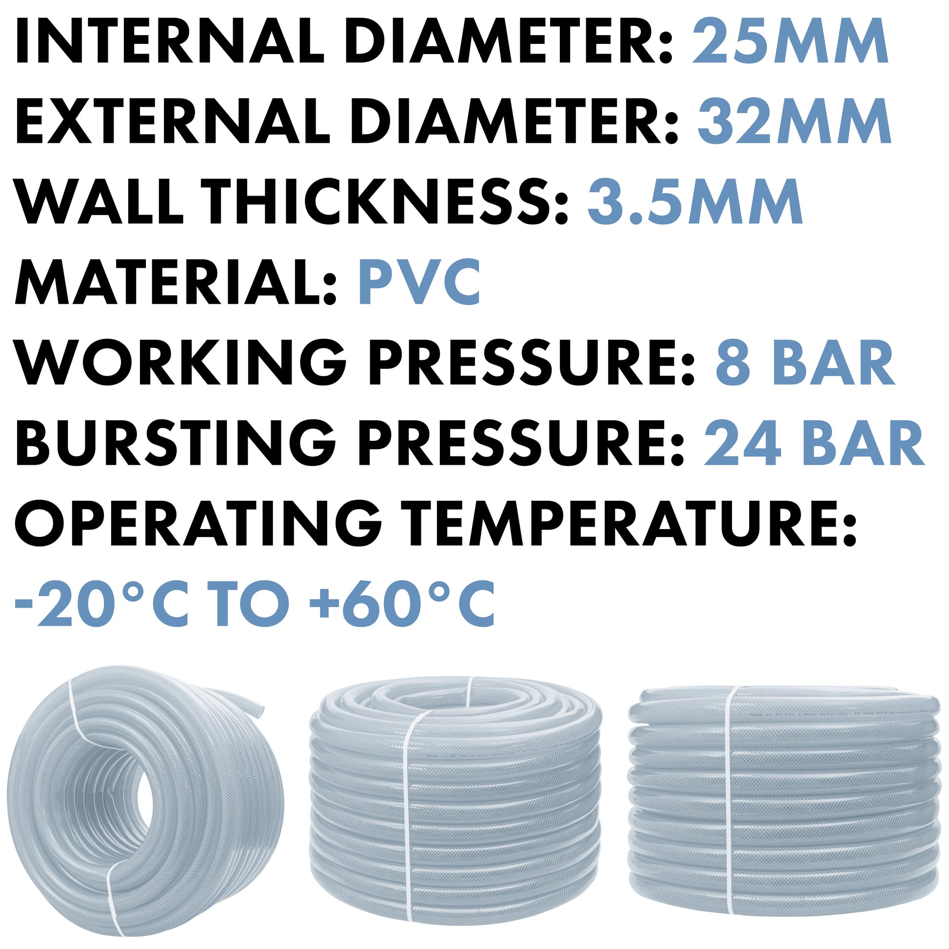 25mm Clear Braided PVC Hose Pipe - Food Grade, High Pressure, -20°C to +60°C