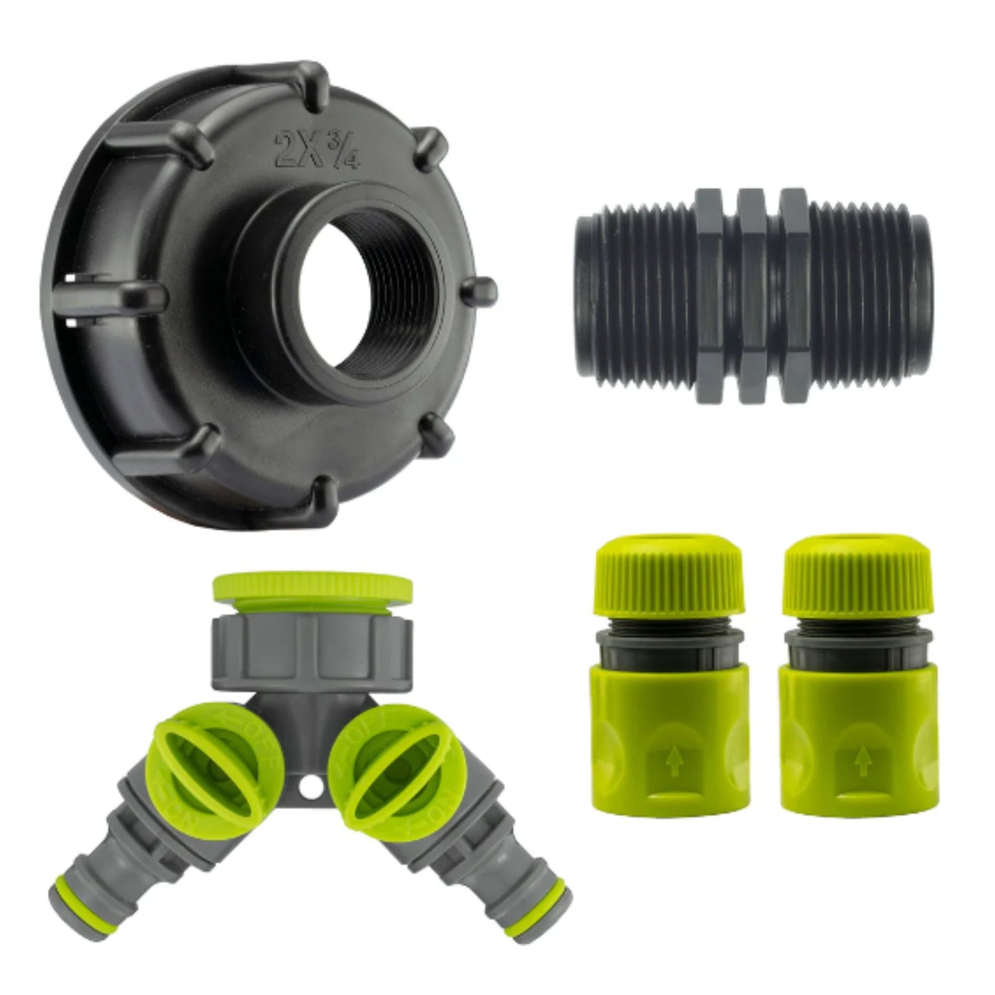 IBC 2” S60X6 Cap with Two Way Valved Splitter and Hose Connectors and PTFE Tape Durable Leak-Proof Kit