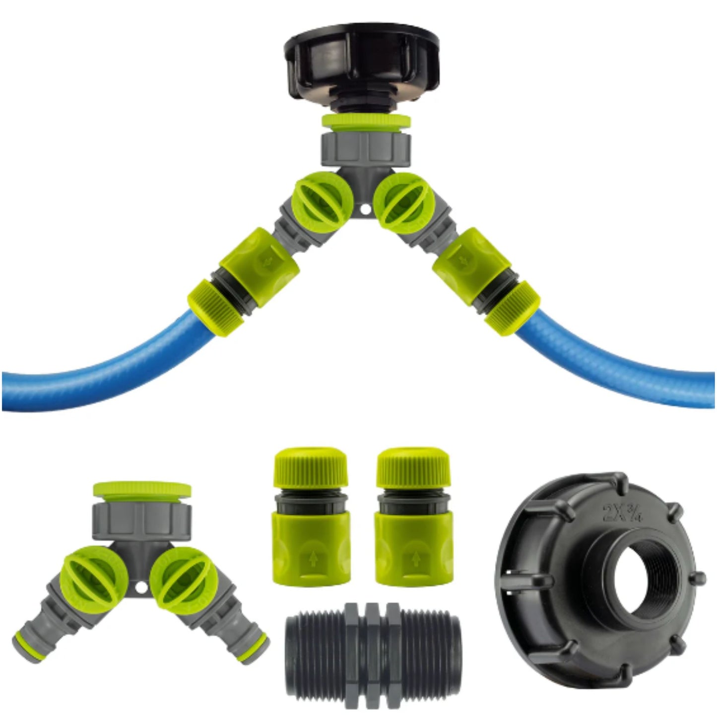 IBC 2” S60X6 Cap with Two Way Valved Splitter and Hose Connectors and PTFE Tape Durable Leak-Proof Kit