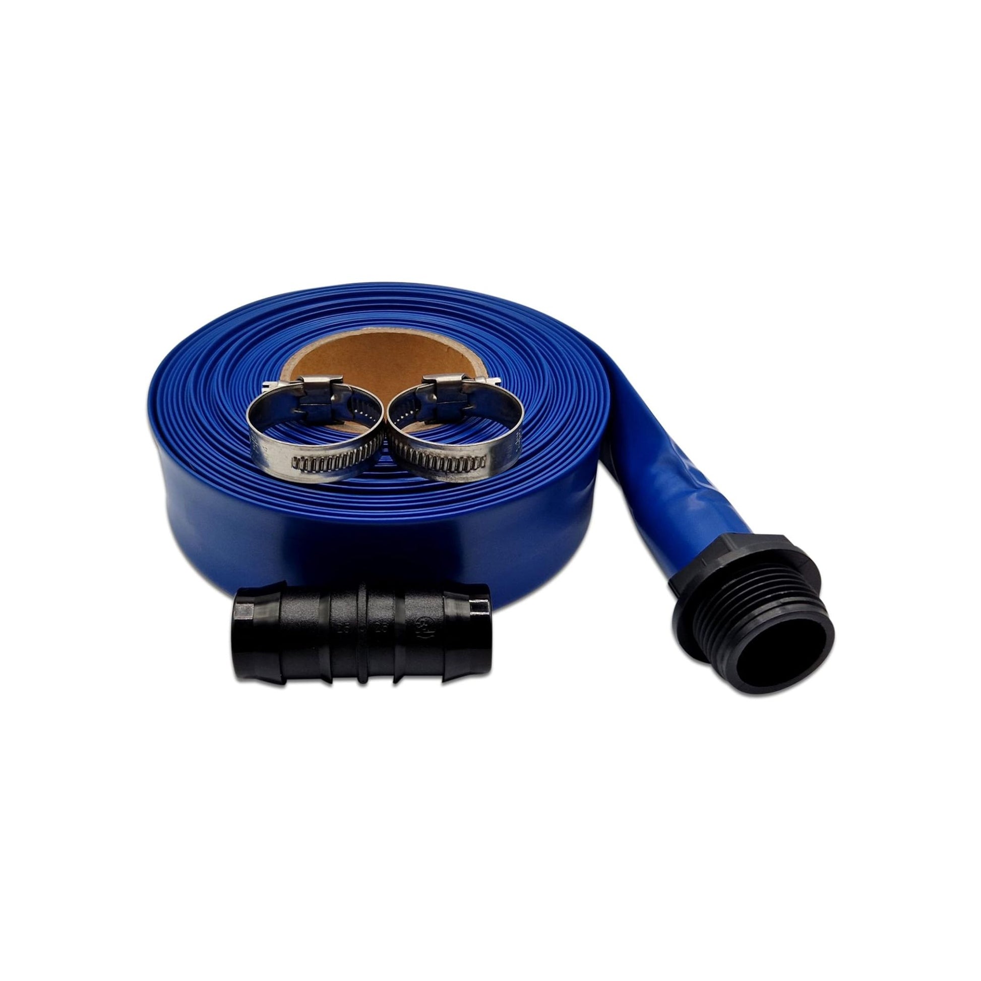 Ultimate Layflat Discharge Hose Pipe Set - 10m x 25mm Diameter, Complete with 2 Clips, Joiner Coupler, and Pond Connector for use with Submersible & Other Water Pumps