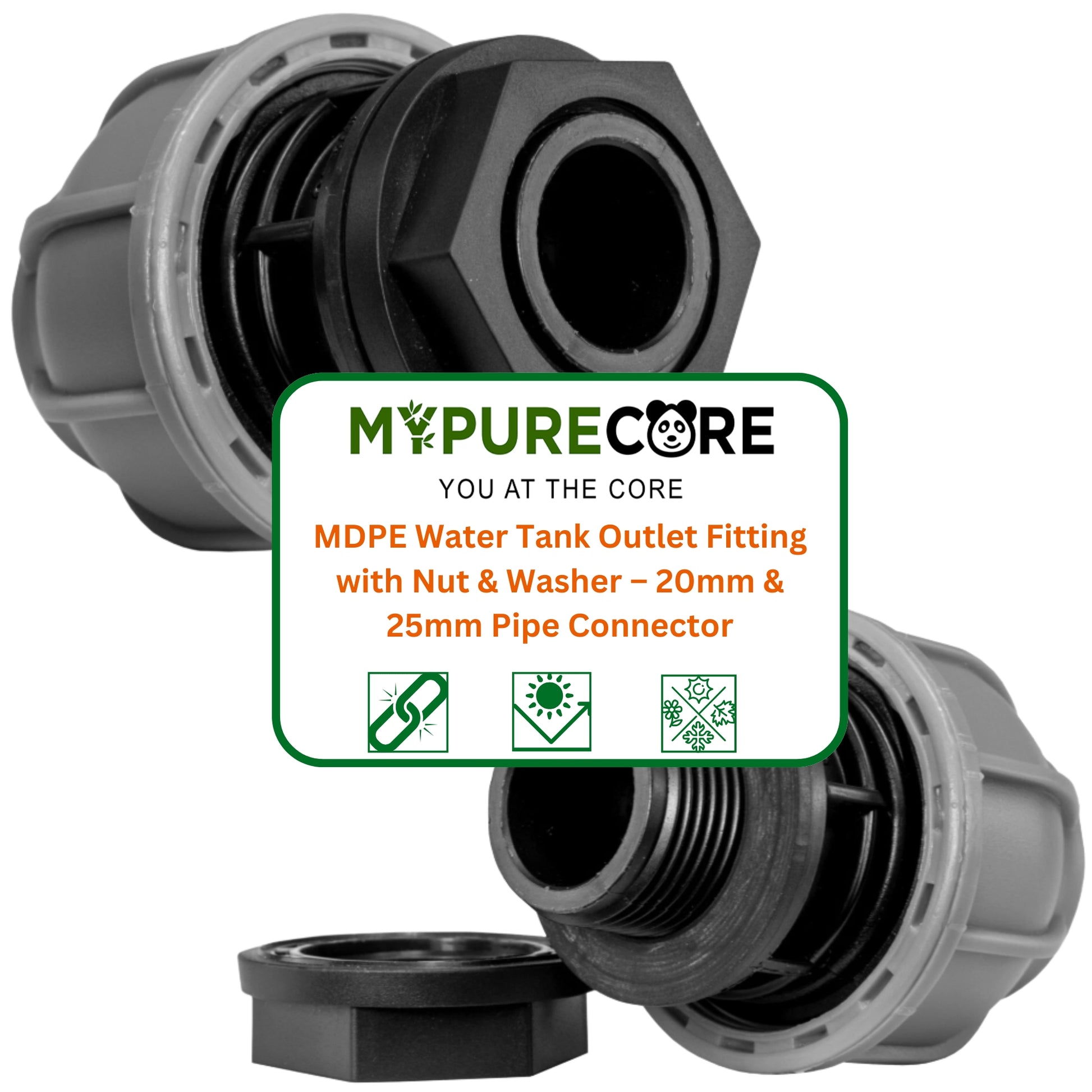 MDPE Water Tank Outlet Fitting with Nut & Washer – 20mm & 25mm Pipe Connector