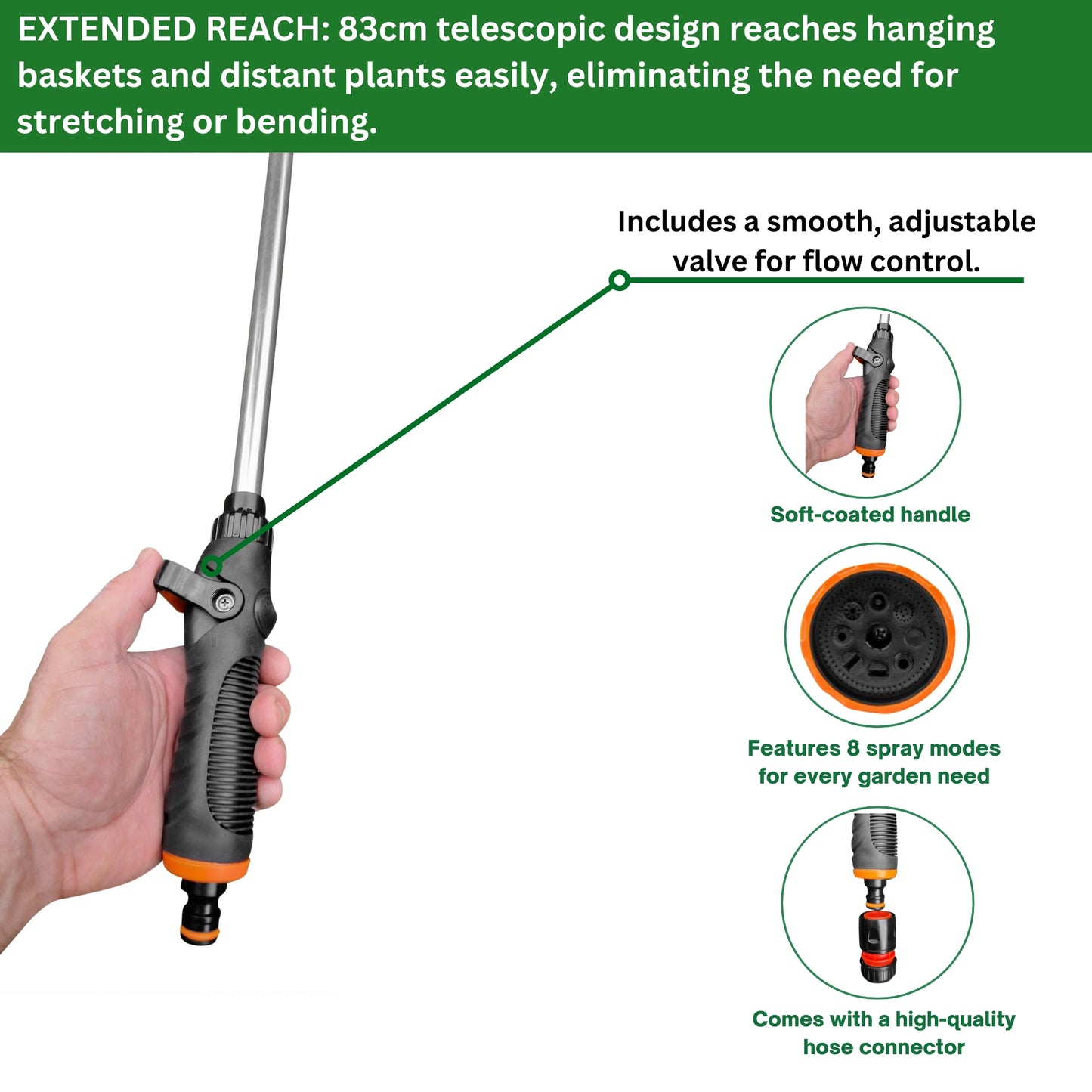 8-Function Heavy Duty Metal Watering Lance 83cm - Telescopic Long Reach Sprayer, Multi Jet Nozzle for Lawn, Garden, Car Wash & Hanging Baskets - Includes Premium Hose Connector