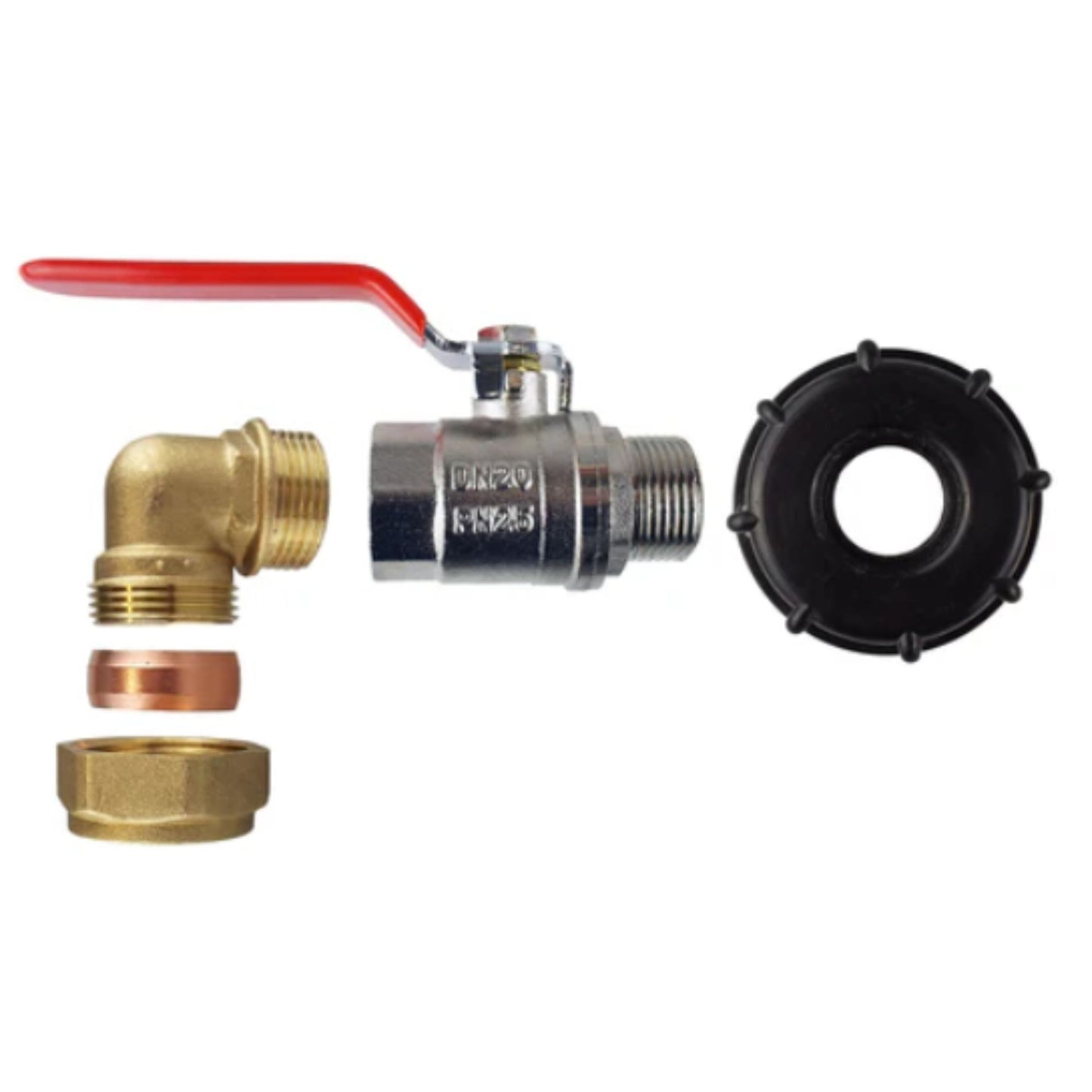 IBC 2” S60X6 Cap with Lever Valve & 15mm Brass Compression Elbow – and PTFE Tape – Durable Leak-Proof Plumbing Solution