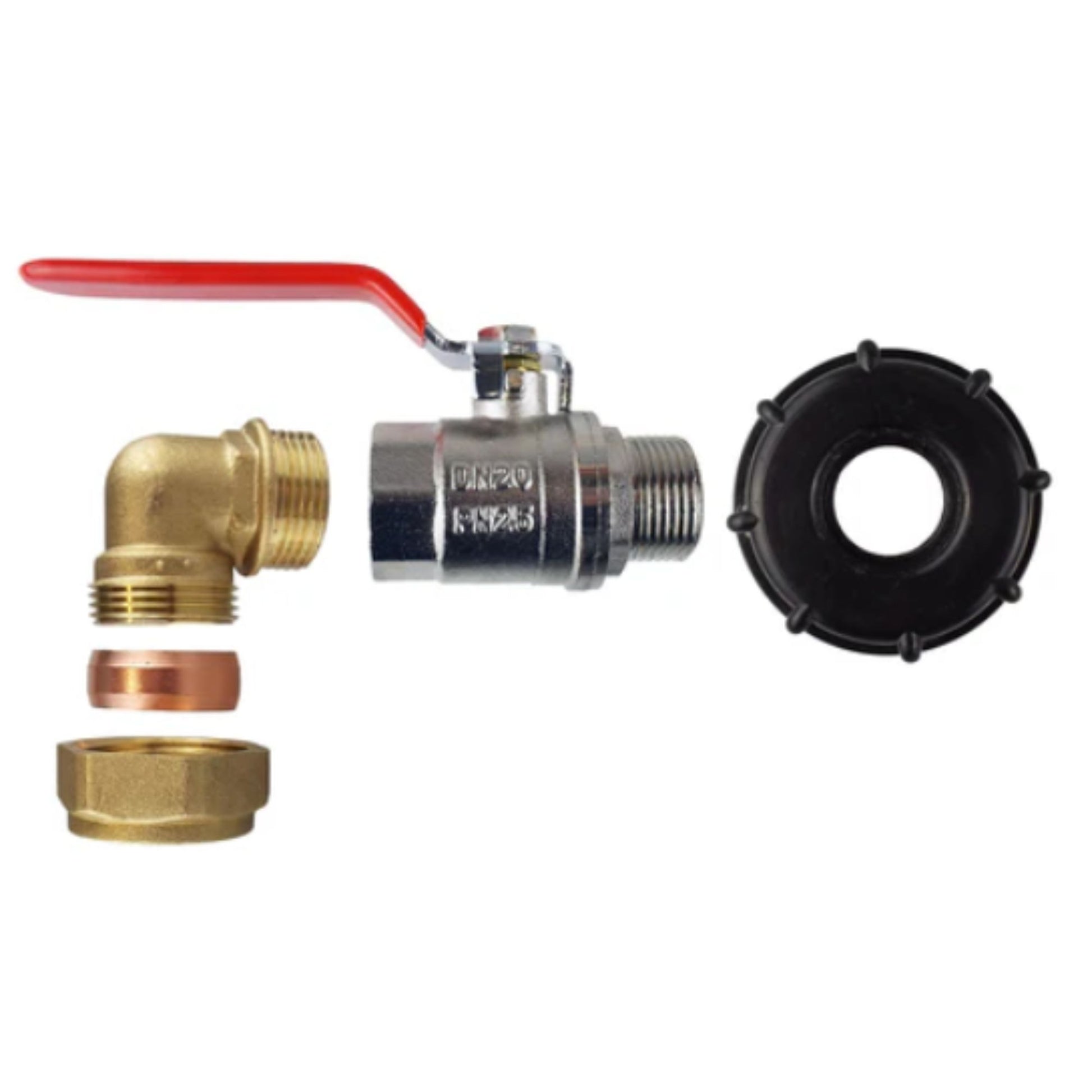 IBC 2” S60X6 Cap with Lever Valve & 15mm Brass Compression Elbow – and PTFE Tape – Durable Leak-Proof Plumbing Solution