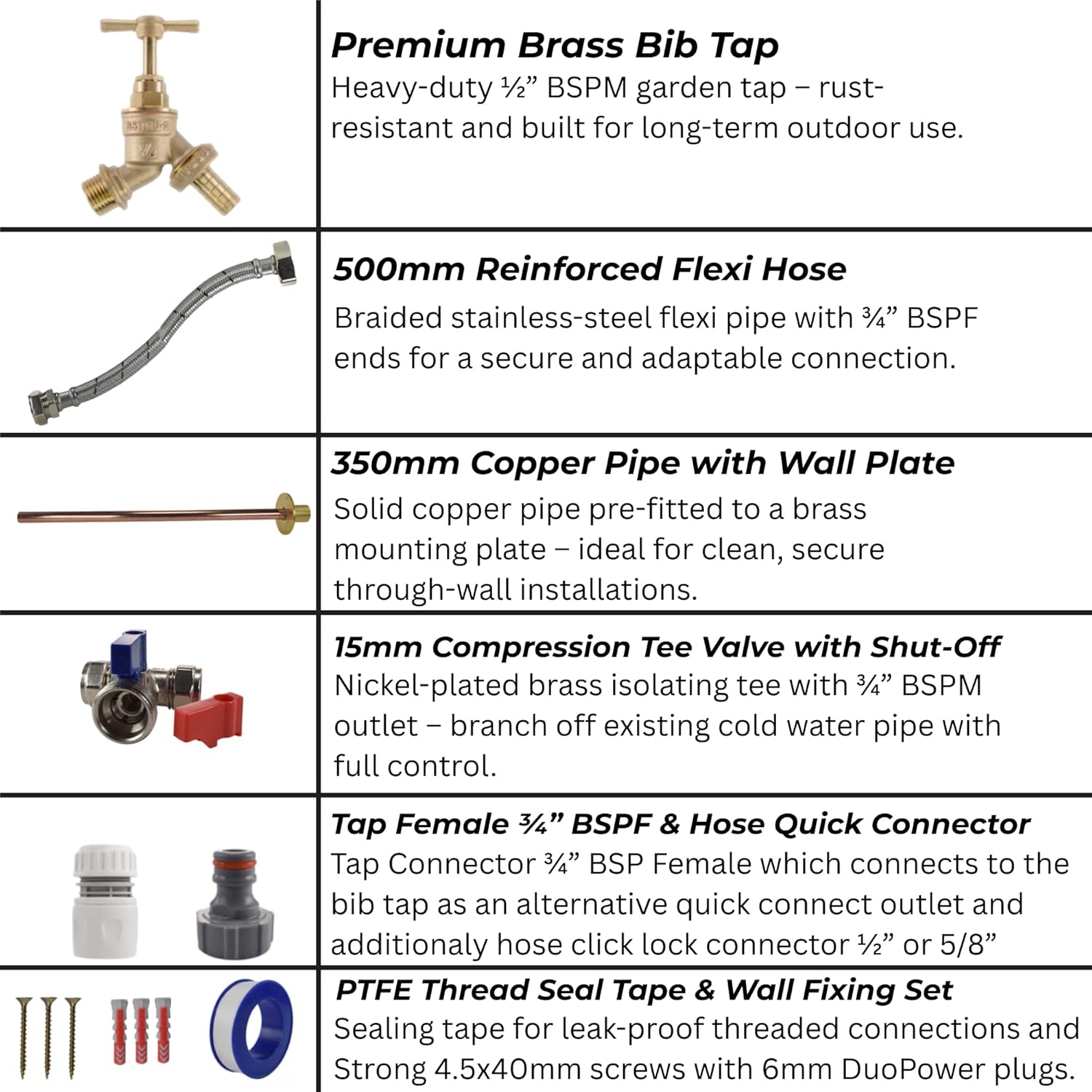 Complete Outdoor Tap Kit Brass Garden Bib Tap with Wall Plate, Flexi Hose, Isolating Tee, PTFE & Fixings - DIY Outside Tap Installation Kit for Hose, Jet Wash, Garden Water Access