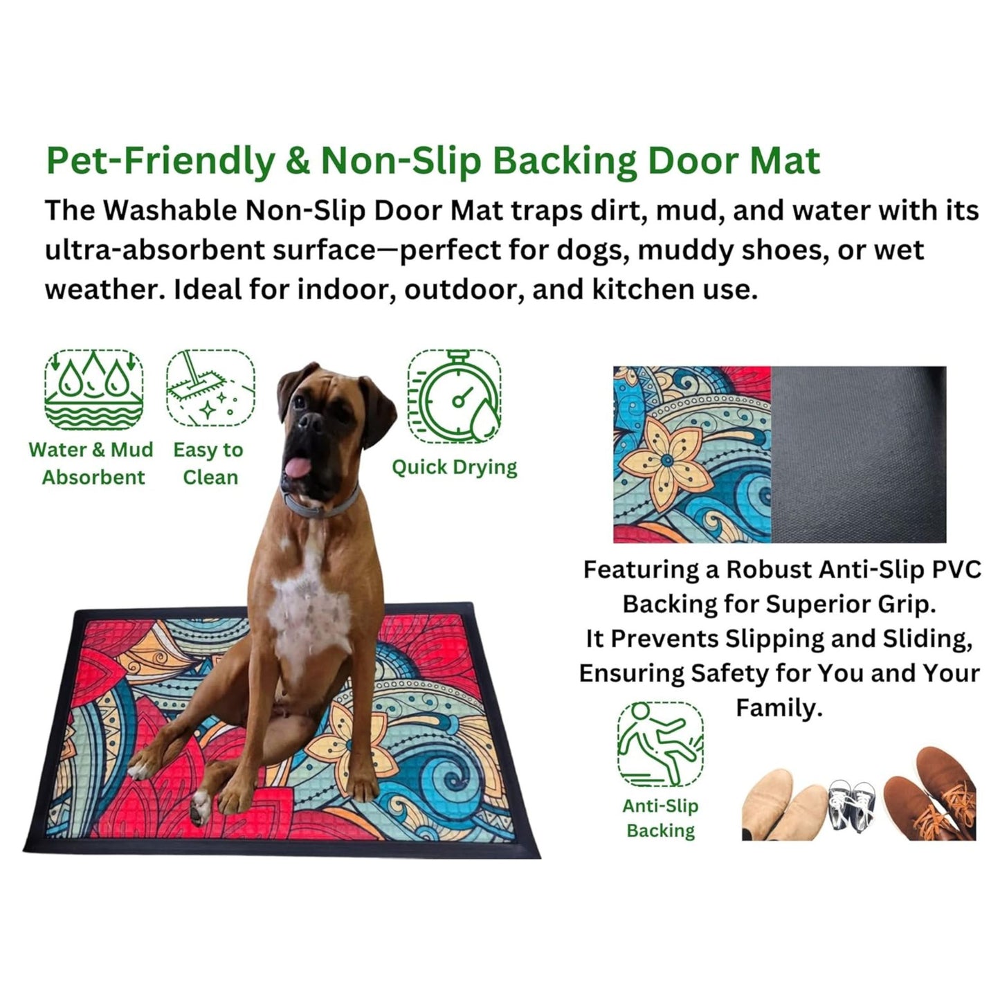 Washable Non-Slip Door Mat - Heavy Duty Ultra-Absorbent Dirt Trapper for Dogs, Mud & Shoes - Indoor/Outdoor Rubber Entrance Rug for Home, Garden & Hallway (75x45cm)