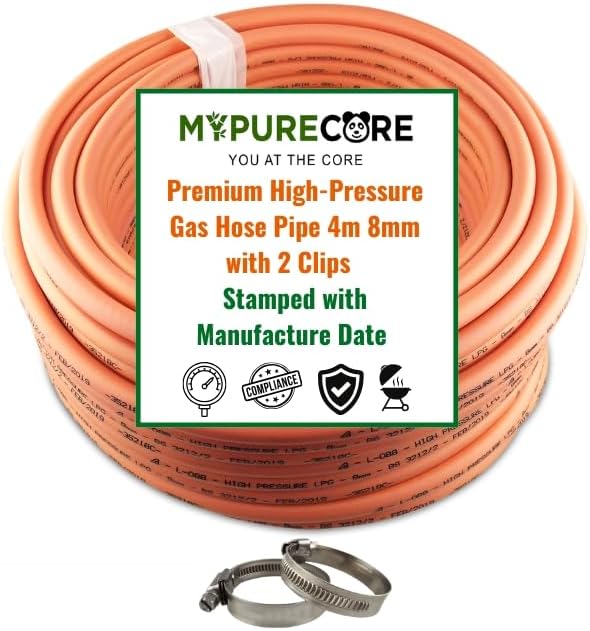 Gas Hose – Premium Gas Pipe Hose with 2 Hose Clips – 4m Hose for Propane and Butane - Stamped with Manufacture Date – Durable 8mm High Pressure Gas Hose for Caravan, Camping, BBQ