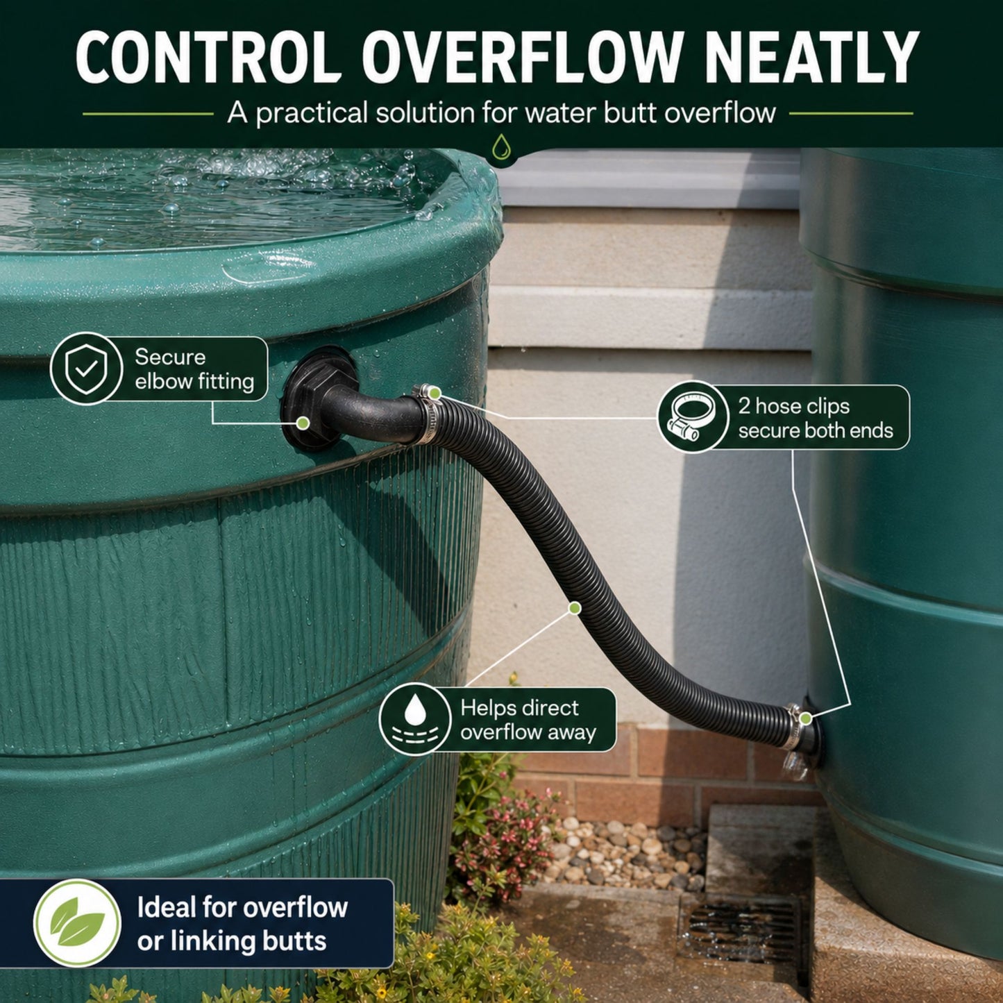 Water Butt Elbow Connector Kit Tank Outlet with 2 Hose Clips Garden Water