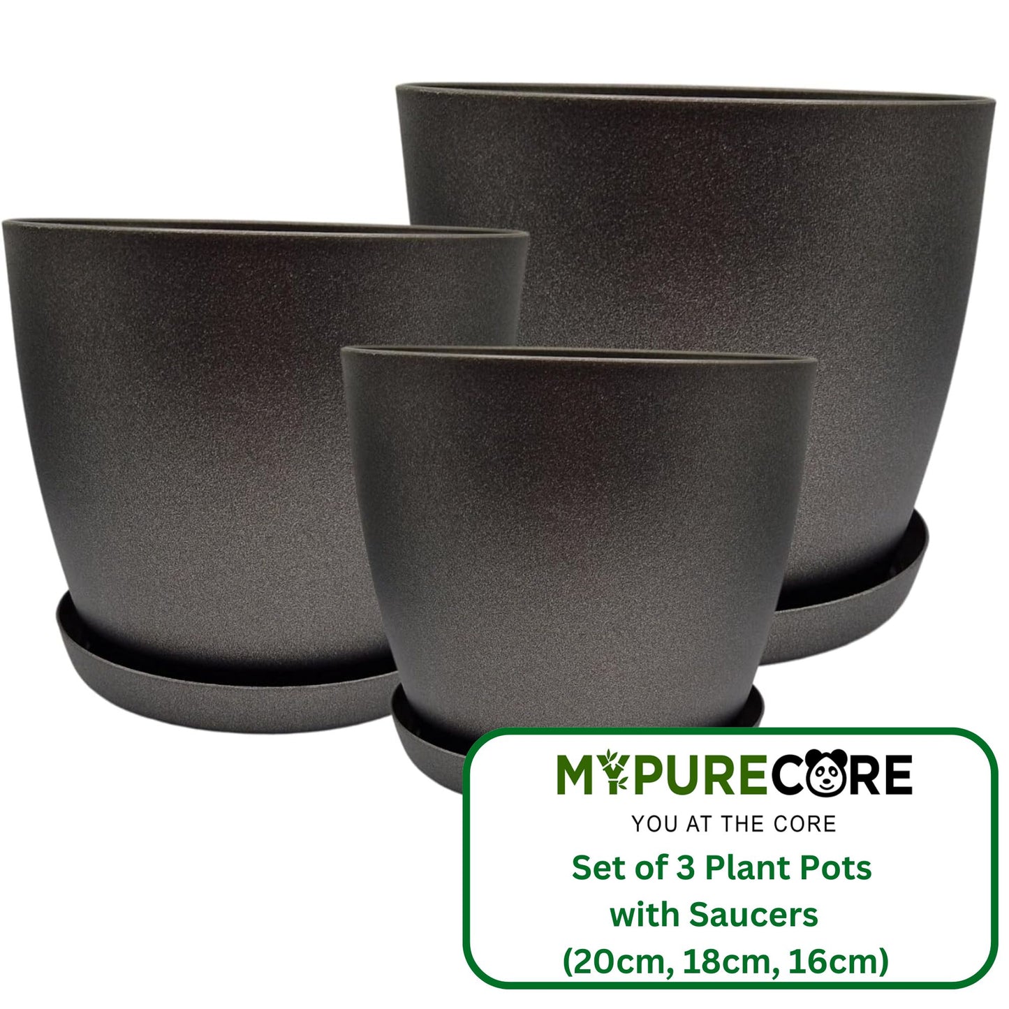 Set of 3 Plant Pots Indoor with Saucers – Matte Plastic Flower Pots (20cm, 18cm, 16cm) – Durable Indoor & Outdoor Planters for House Plants, Herbs & Succulents, Black Graphite